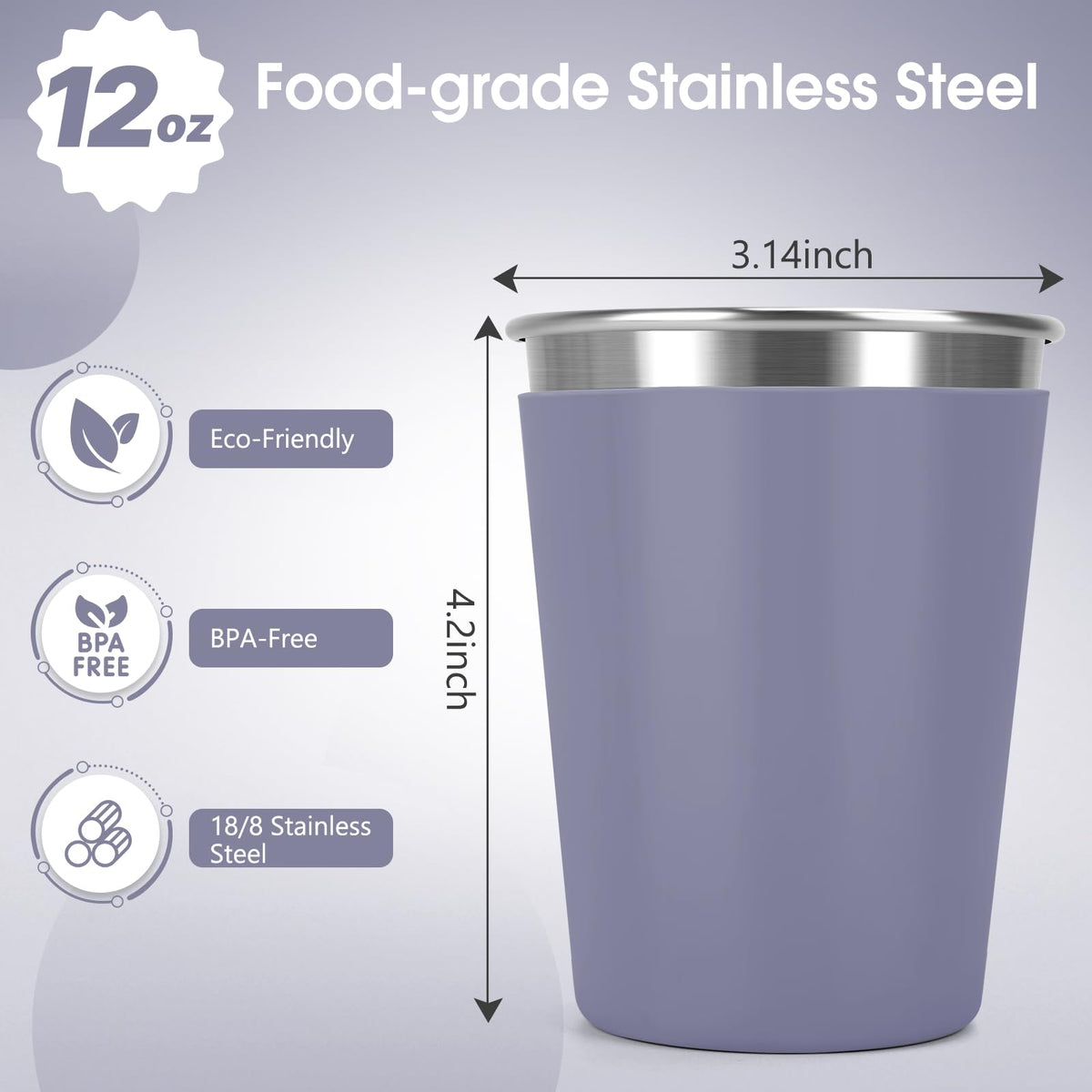 Vermida Stainless Steel Cups for Kids and Toddlers, 12oz Stackable Stainless Steel Kids Cups with Silicone Sleeves Sweat Proof, Unbreakable Metal Cups for Home & Outdoor, BPA Free (4 Pack)