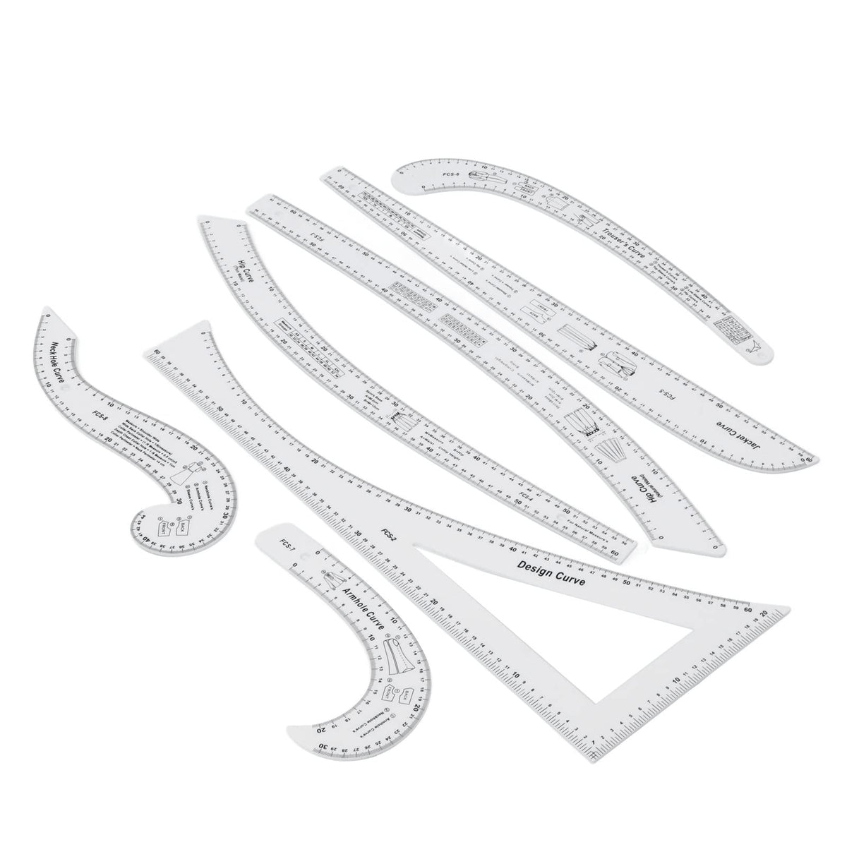 French Curve Ruler Set 7Pcs Acrylic Clear Sewing Ruler Tailor Kit for Dress Making