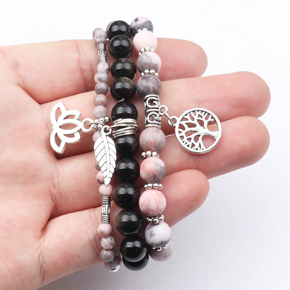 UEUC Tree of Life Yoga Healing Stone Bracelets, Multilayer Lotus Chakra Stone Reiki Bracelet Sets, Anxiety Crystal Natural Stone,for Women Stress Relief(#131)