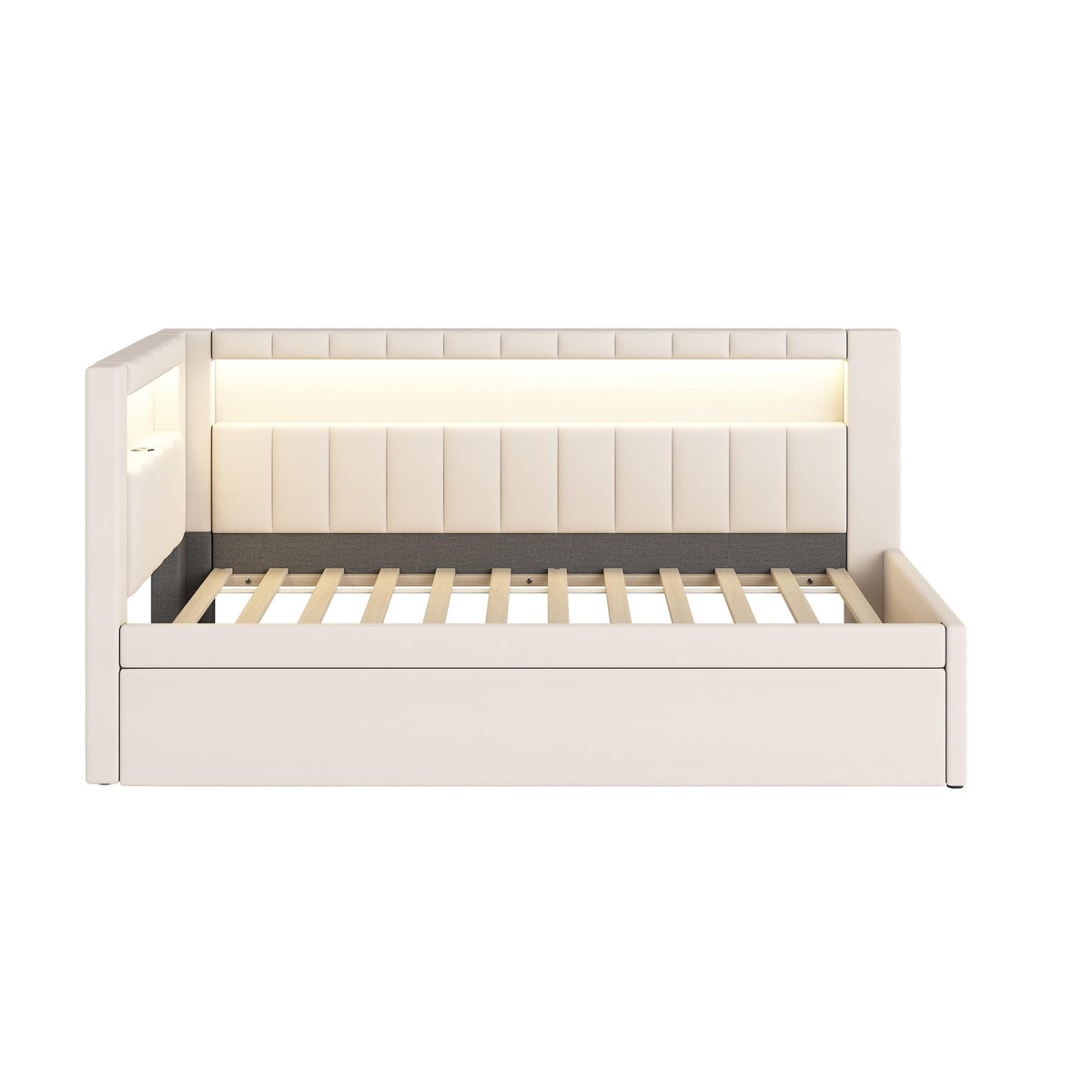 DNYN Upholstered Twin Size Daybed with Trundle for Bedroom,Apartment,Solid Wood Bedframe w/USB Ports & LED Design,Super Save Space & No Box Spring Needed, White