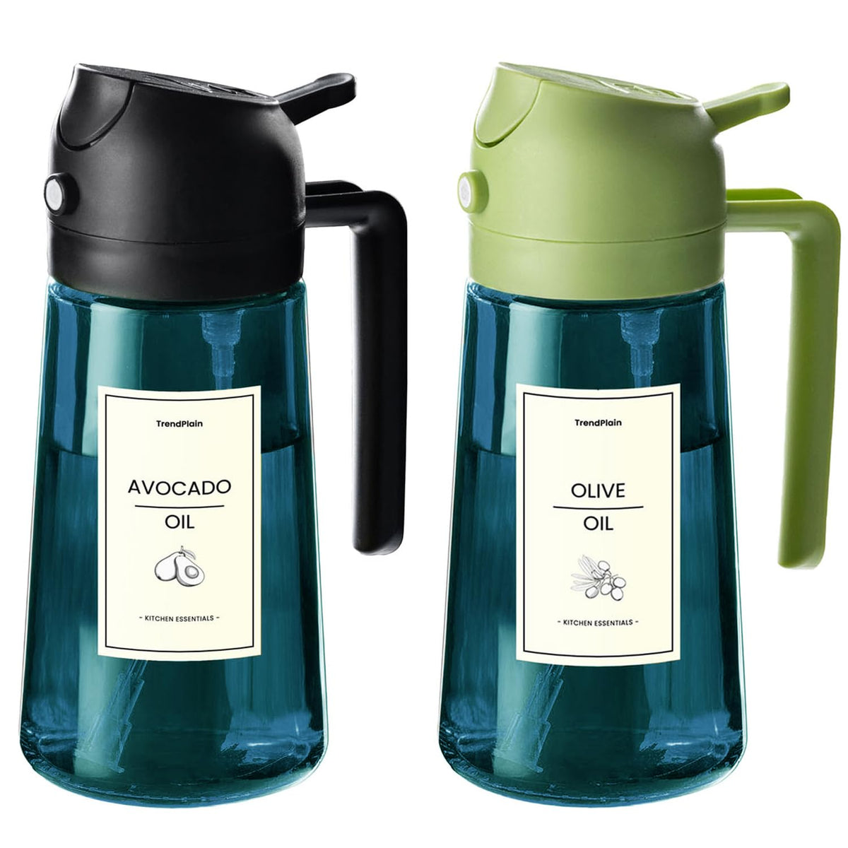 TrendPlain 16oz/470ml Blue Glass Olive Oil Sprayer for Cooking - 2 in 1 Olive Oil Dispenser for Kitchen Gadgets, Air Fryer, Salad, and BBQ - Black & Green