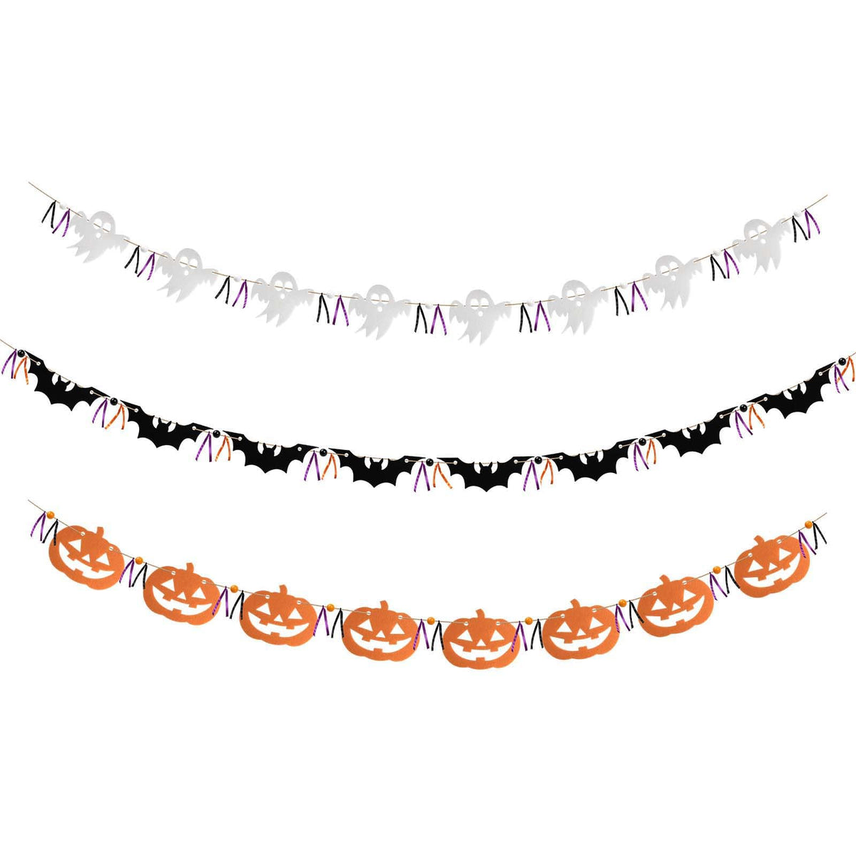 FuSenYuan Halloween Felt Garland Set of 3 (Pre-Strung) Ghost Bat Pumpkin Garland with Wooden Beads and Ribbons Felt Halloween Hanging Garland Banner for Party Mantle Home Wall Decor