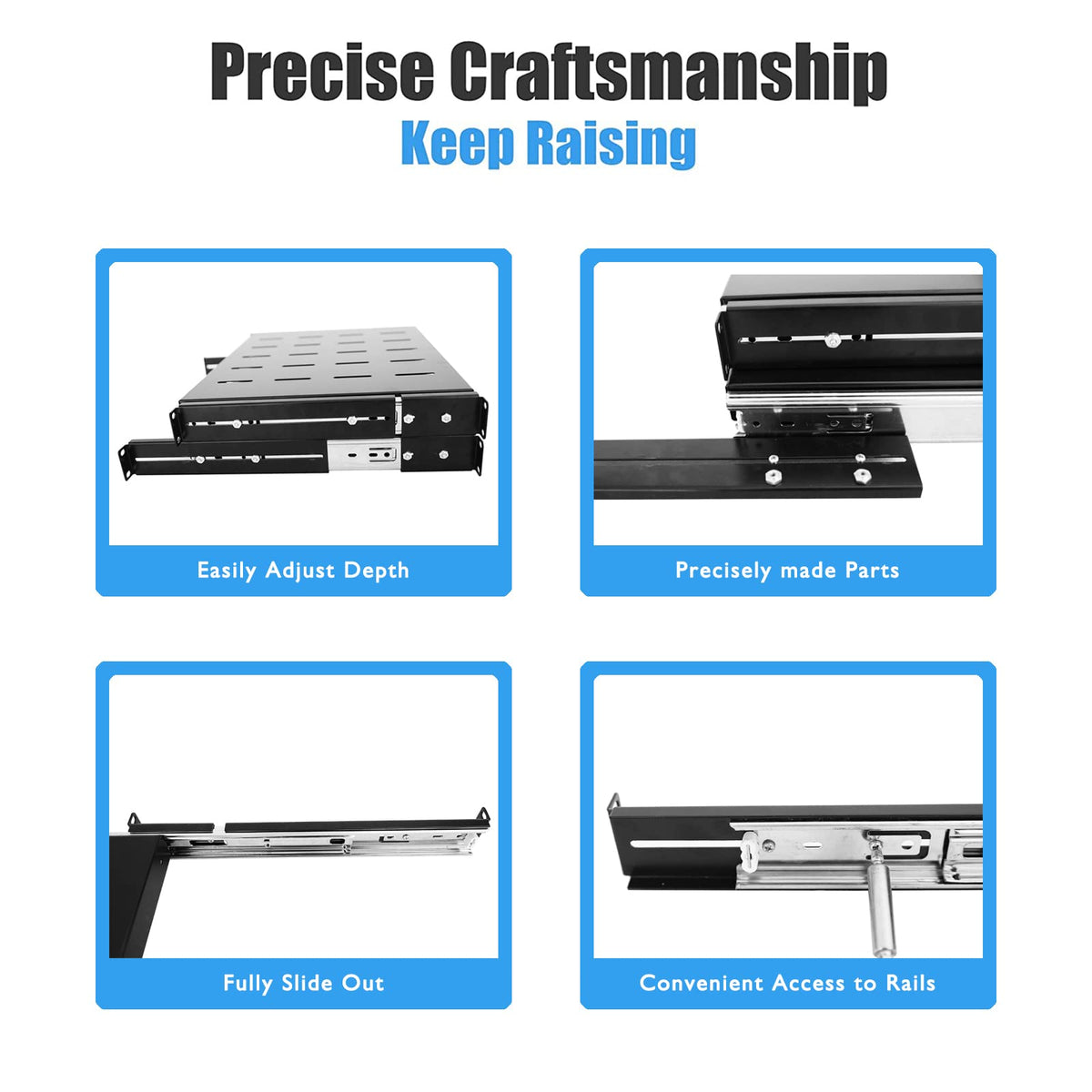 Raising Electronics Sliding Rack Server Shelf 1U 19'' 4 Post Rack Mount-Adjustable 15''-22''
