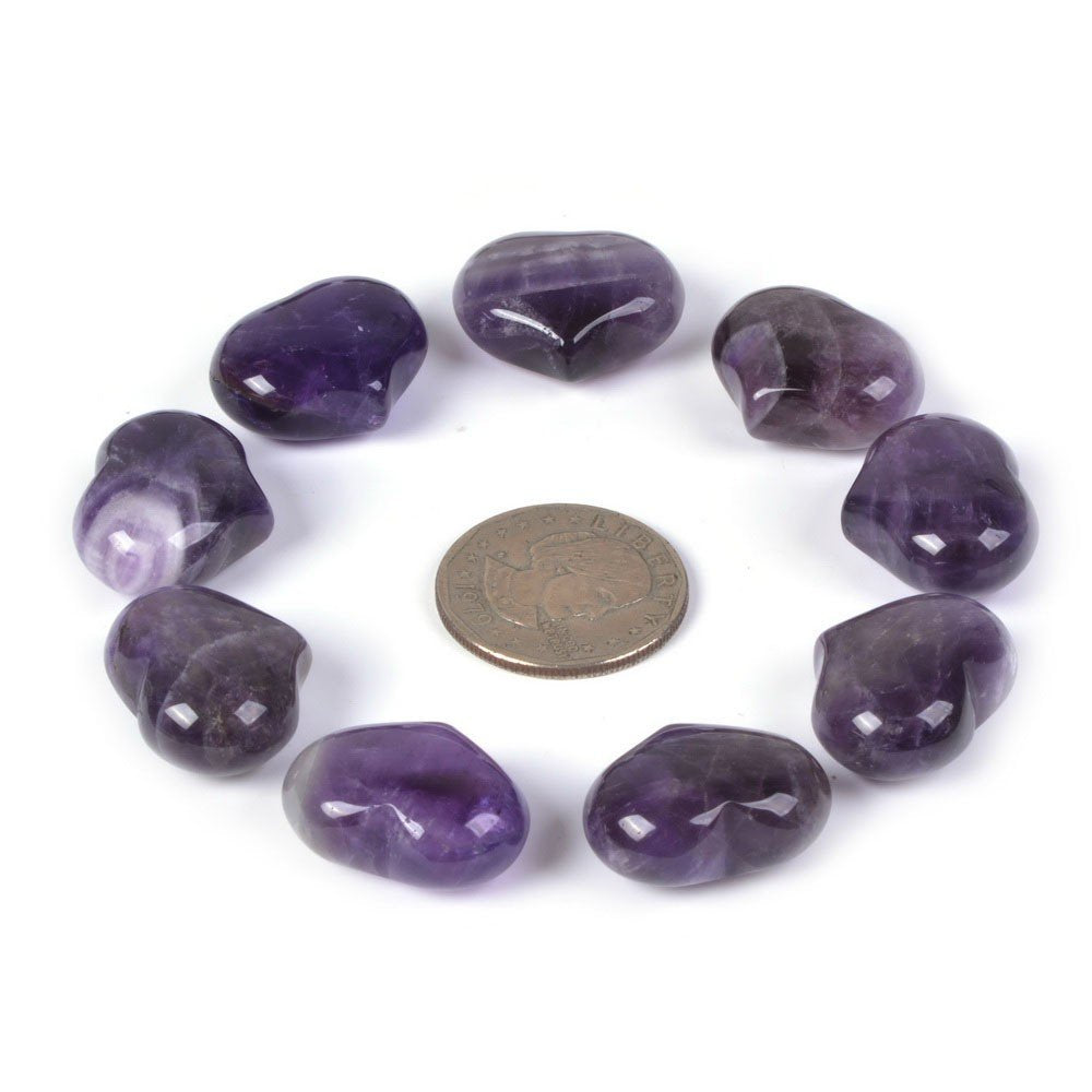 Natural Amethyst Gemstone Healing Crystal 1 inch Mini Puffy Heart Pocket Stone Iron Gift Box (Pack of 10)