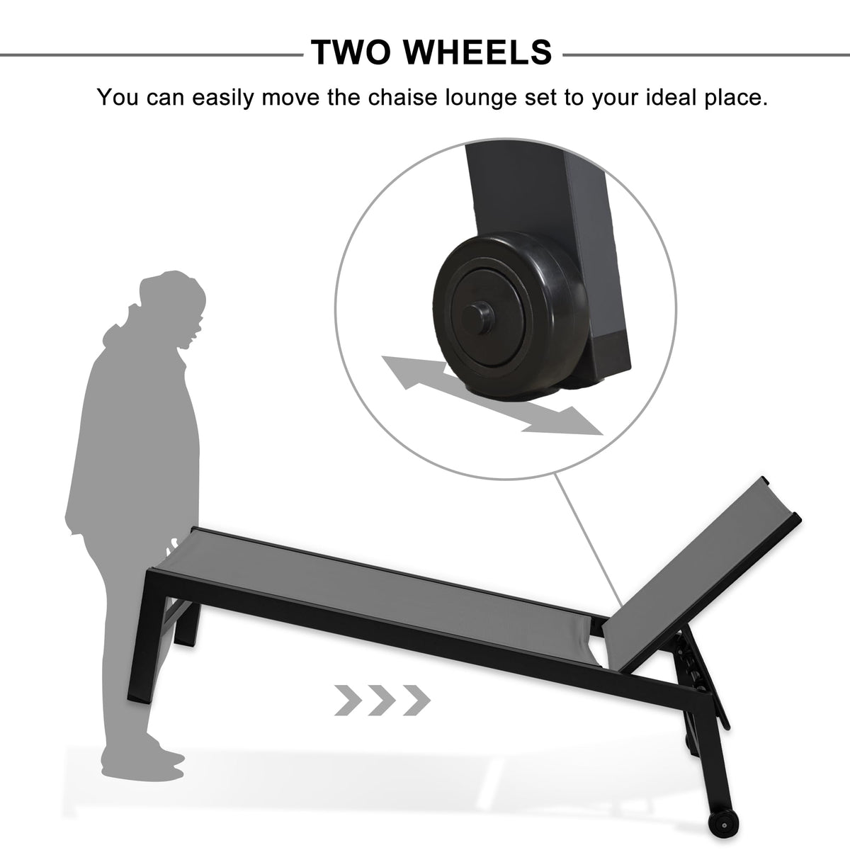 PURPLE LEAF Outdoor Chaise Lounge with Wheels for Outside 2 Pieces Aluminum Patio Lounge Chair with 5 Adjustable Position Sunbathing for Patio, Beach, Yard, Pool, Side Table Included, Grey