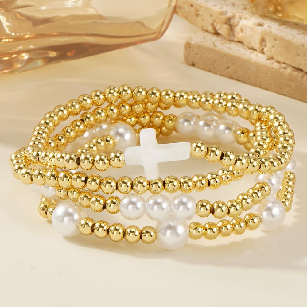 Bohxantium Stackable Gold Beaded Bracelets for Women - Stretch 14K Gold Beads Boho Pearl Cross Bracelet Stack Non Tarnish Trendy Jewelry Set Friendship Christian Gift for Women