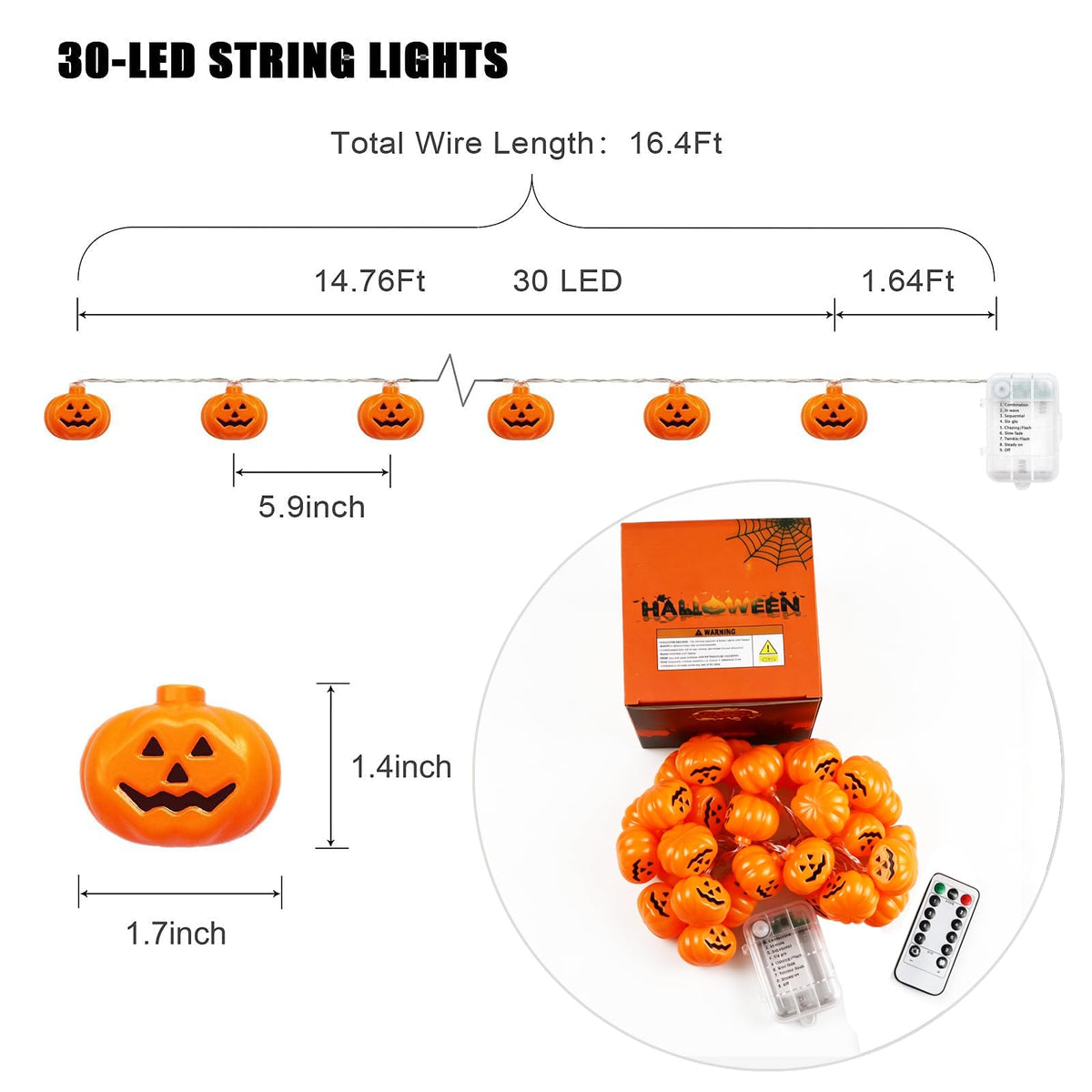 Runleo Halloween Decorations Pumpkin String Lights, 30 LED 16.4 FT 8 Modes Timer 3D Waterproof Orange Jack-O-Lantern Battery Operated Decorative Twinkle Lights for Indoor Bedroom Camper Party Decor