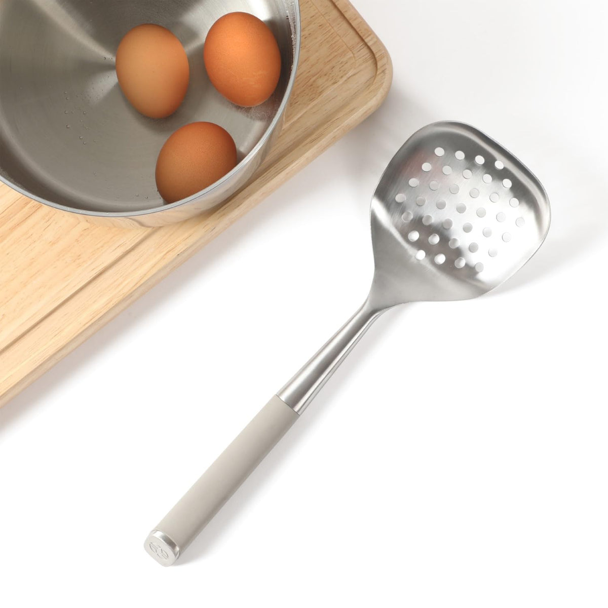 Calphalon Edge Stainless Steel Slotted Spoon/Skimmer with Taupe Handle, Slotted Cooking Tool for Draining and Skimming, Heat-Resistant, Durable Kitchen Utensil for Everyday Use