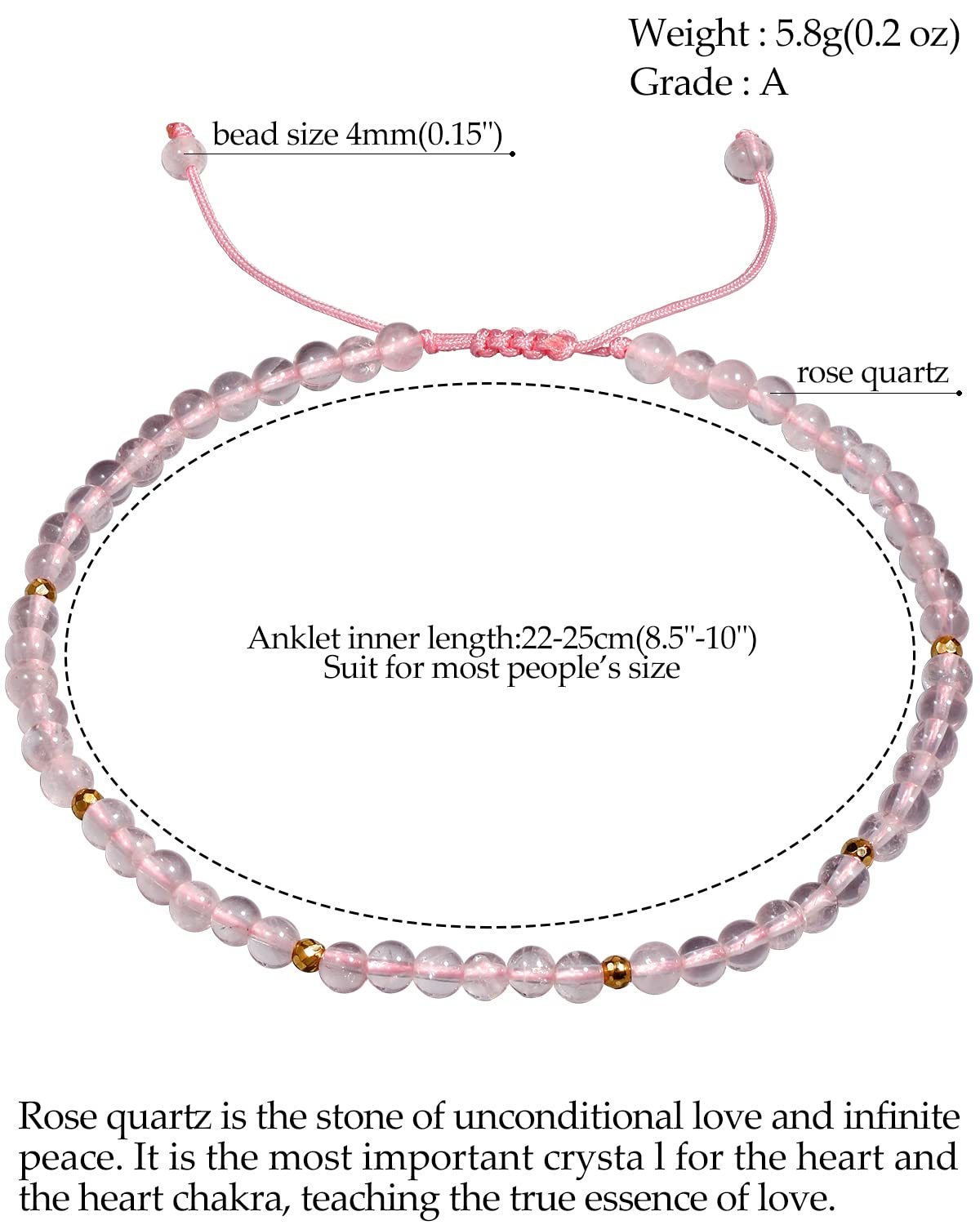 Jewever Rose Quartz Anklet Bracelet for Women crystals and healing stones Essential Oil Diffuser Beach Foot Beaded Adjustable(8.5-10 Inches)