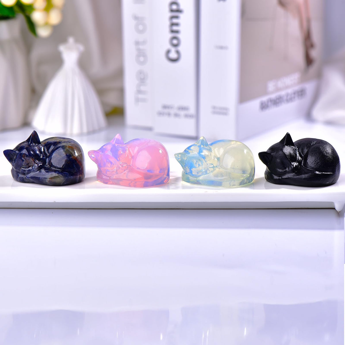 Ytbeoxk 2.1 Inch Opal Cat Crystal Statue, Healing Crystal Sleeping Cat Gemstones Decorations, Lucky Cute Kitten Figurines, White Cat Gift Home Office Desk Decor for Women and Men