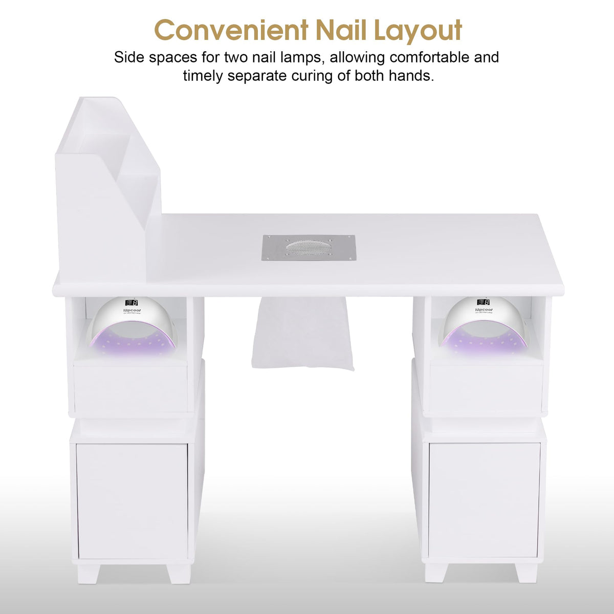 BarberPub Professional Nail Station Desk Manicure Table with Electric Dust Collector, Nail Makeup Desk with Shelves, Storage Beauty Salon Workstation with 4 Drawers Storage Cabinets VC258 (White)