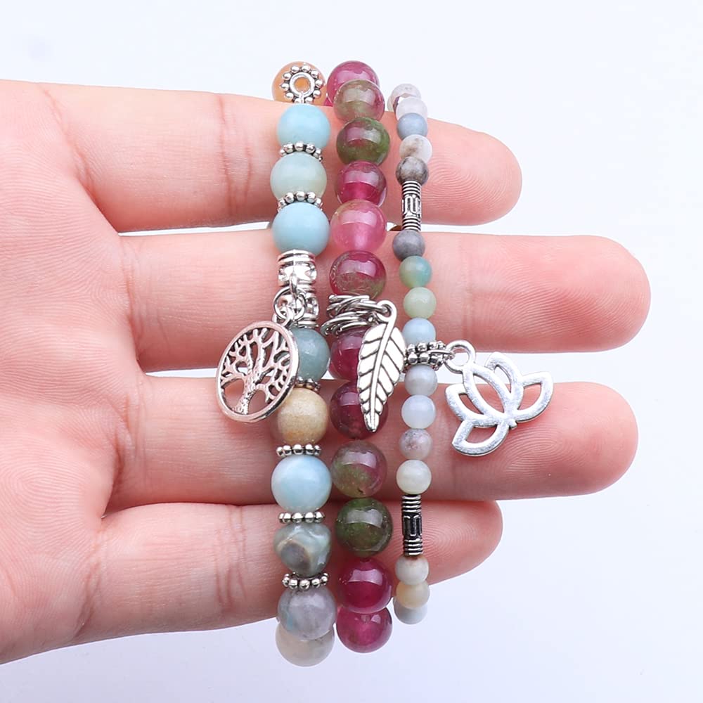 UEUC Tree of Life Yoga Healing Stone Bracelets, Multilayer Lotus Chakra Stone Reiki Bracelet Sets, Anxiety Crystal Natural Stone,for Women Stress Relief(#76)
