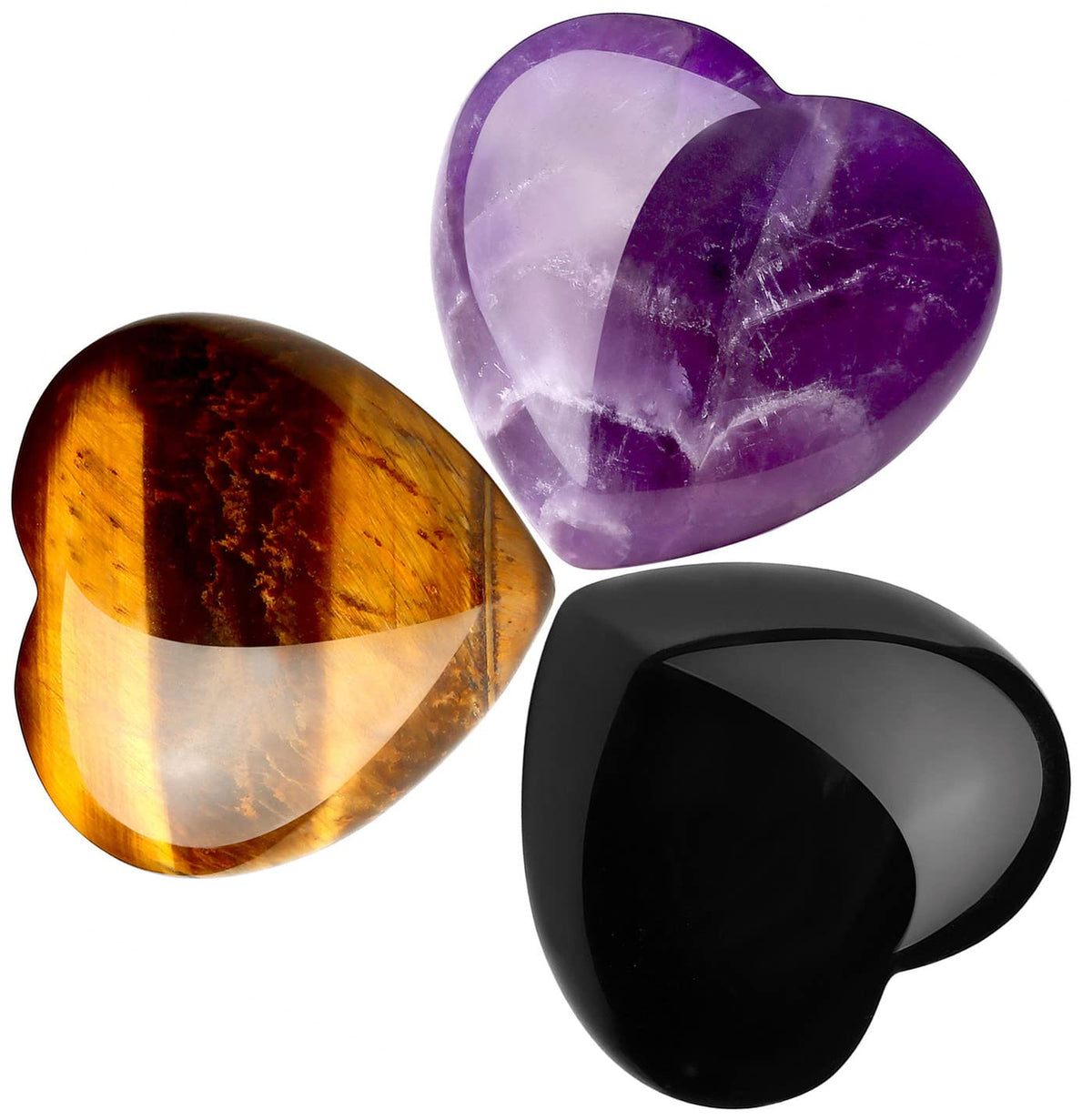 QINJIEJIE 3 PCS 1.2" Large Heart Crystals Amethyst Obsidian Tigers Eye Natural Healing Crystal Heart Shape Love Stones Polished Thumb Gemstones Therapy Reiki Energy Balancing Gifts