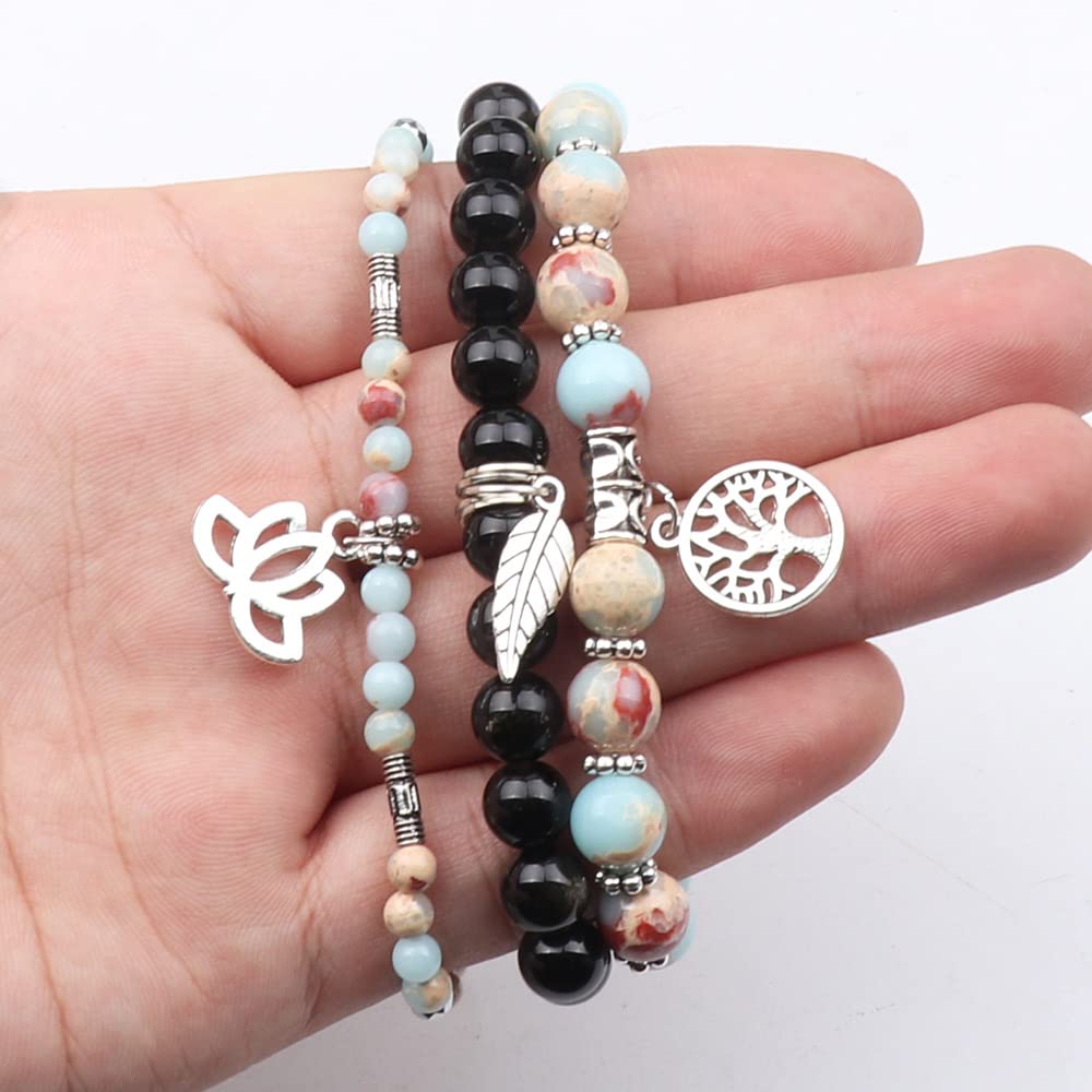 UEUC Tree of Life Yoga Healing Stone Bracelets, Multilayer Lotus Chakra Stone Reiki Bracelet Sets, Anxiety Crystal Natural Stone,for Women Stress Relief(#129)