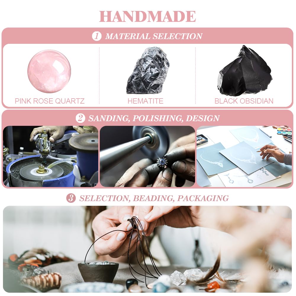 Triple Protection Bracelet - for Protect & Balance - Energy Crystal Bracelets for Men Women - Bring Good Luck - Pink Rose Quartz Hematite & Black Obsidian Jewelry Natural Stone Healing Bracelet