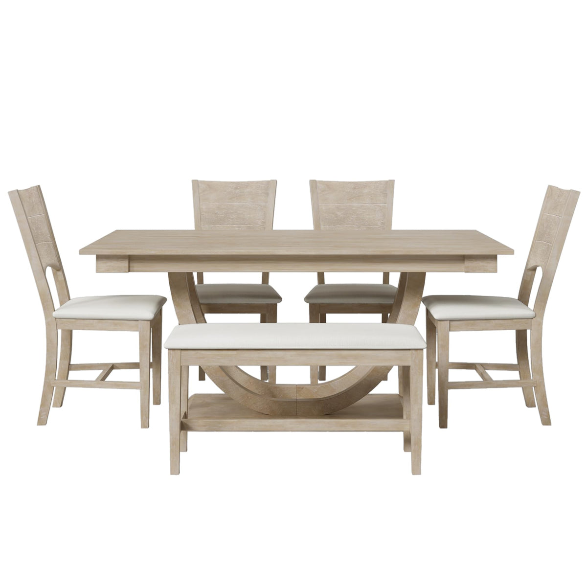 Merax 6-Piece Wood Half Round Dining Table Set Kitchen Table Set with Long Bench and 4 Dining Chairs,Modern Style,Natural