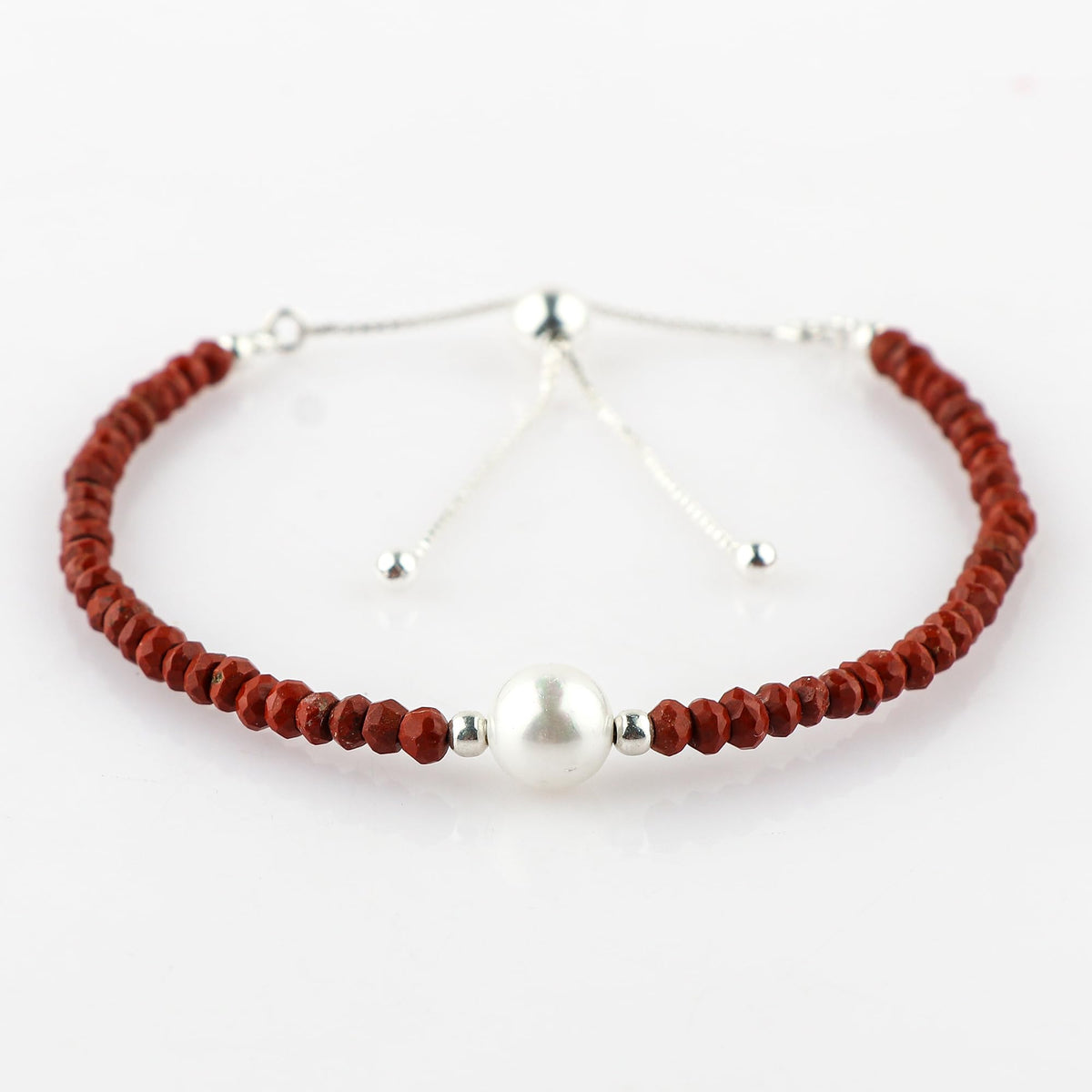 CRYSTALINES Natural Red Jasper Gemstones Beads Bolo Bracelets with Pearl, Handmade, Beaded Bracelet, Real Crystals Jewelry, Women Bracelet, Silver Plated Adjustable Chain- 6+4inch, AAA Grade