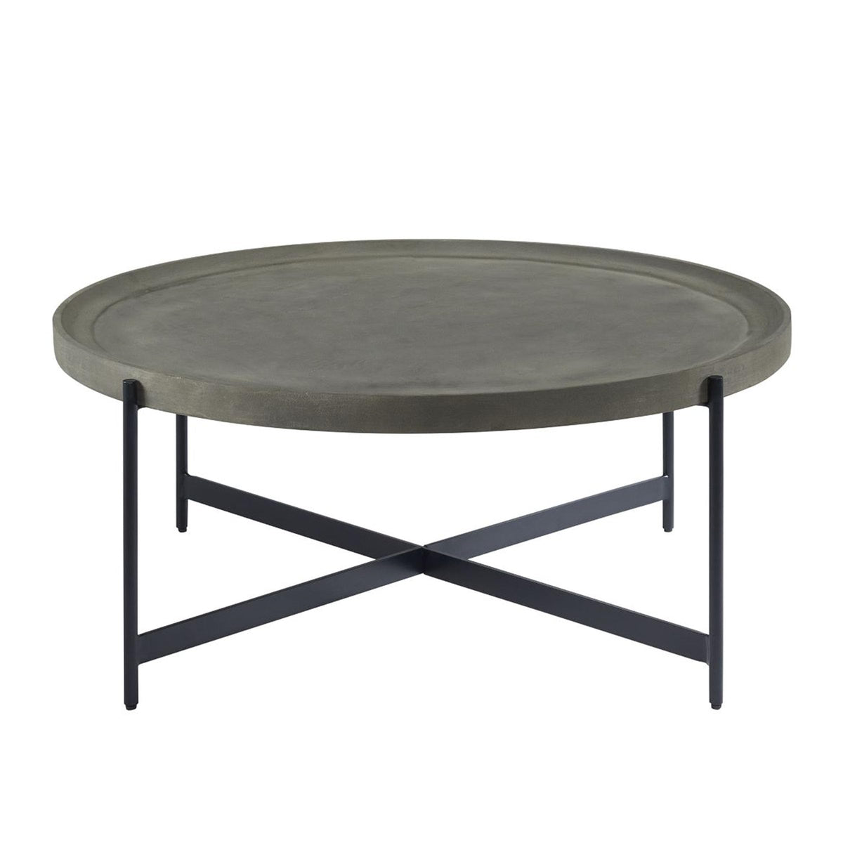 Alaterre Furniture Brookline 42-Inch Round Concrete-Coated Wood Coffee Table with Tray Top and Black Iron Legs – Industrial Farmhouse Living Room Accent Table with X-Frame Base