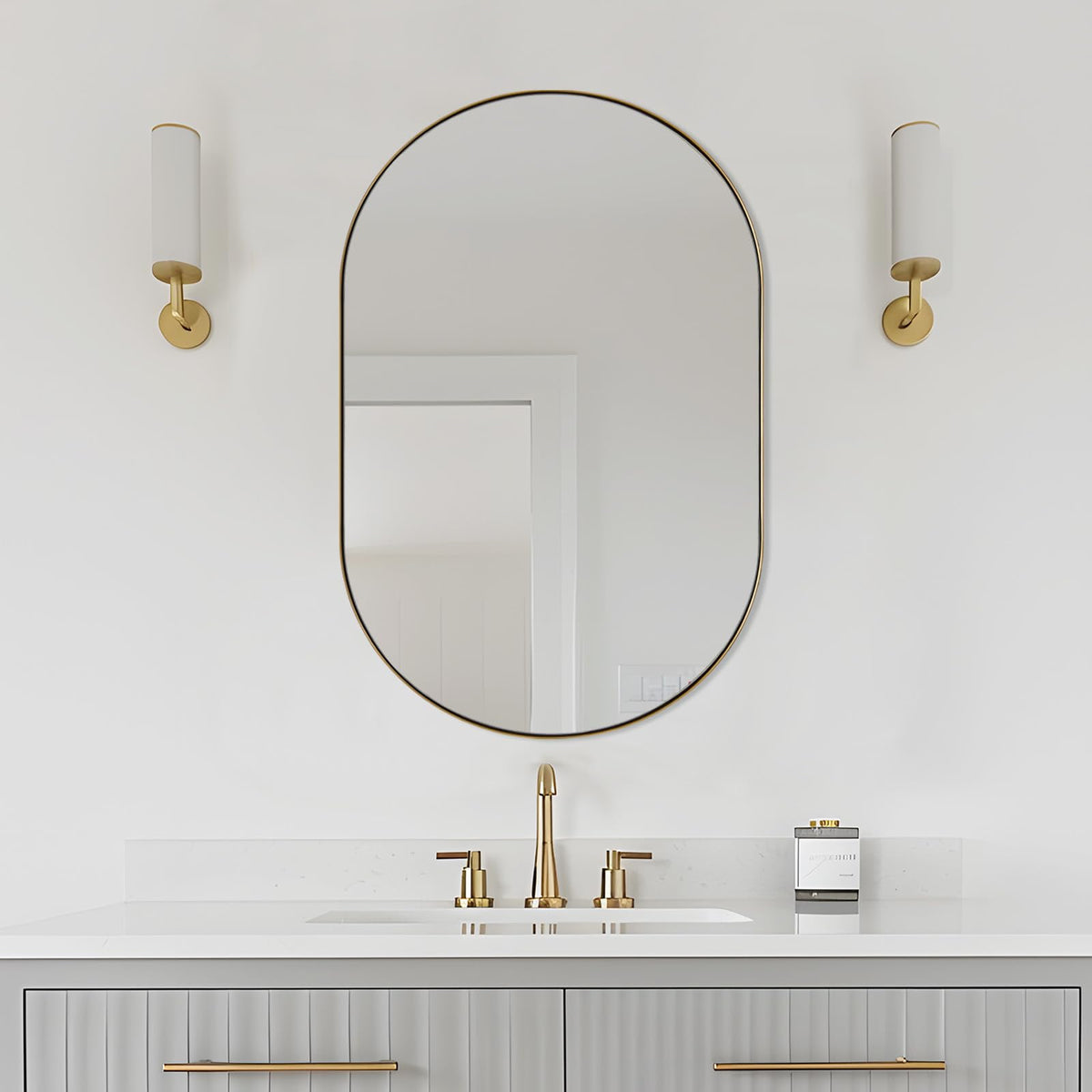ANDY STAR 26x38 Inch Gold Oval Mirror, Oval Brass Mirror Pill Shaped Stainless Steel 1’’ Deep Metal Frame Wall Mounted Vertically & Horizontally Ideal for Limited Space