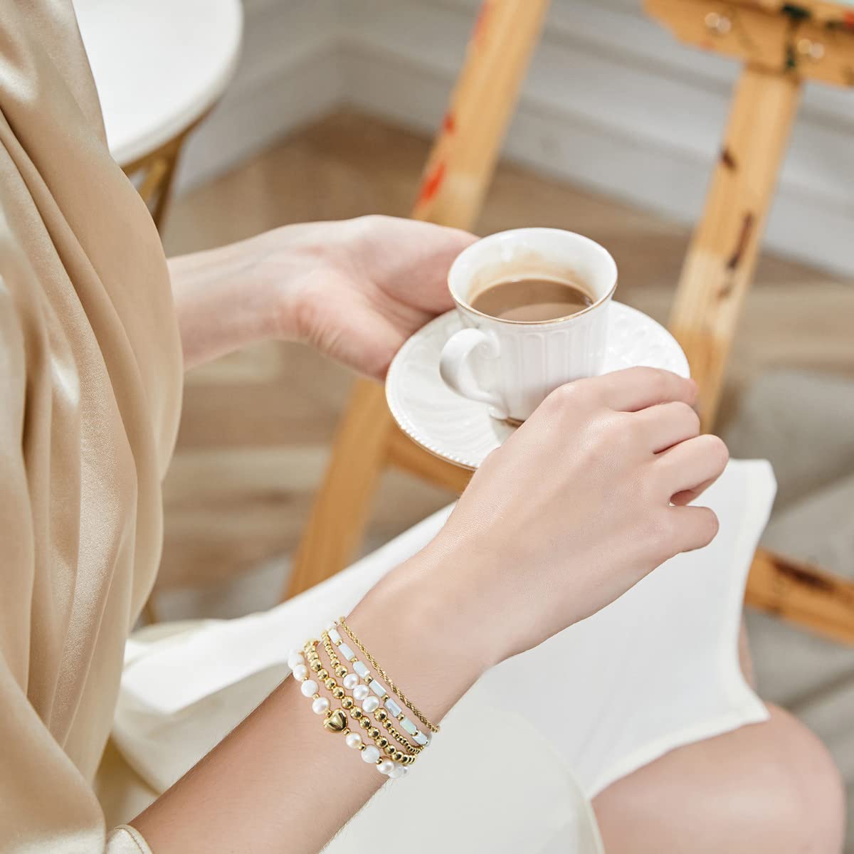GOOJIDS Tiny Pearl Gold Plated Heart Beaded Bracelets For Women Dainty Gold Plated Pearls Stack Layered Beads Bracelet set for MAMA Birthday