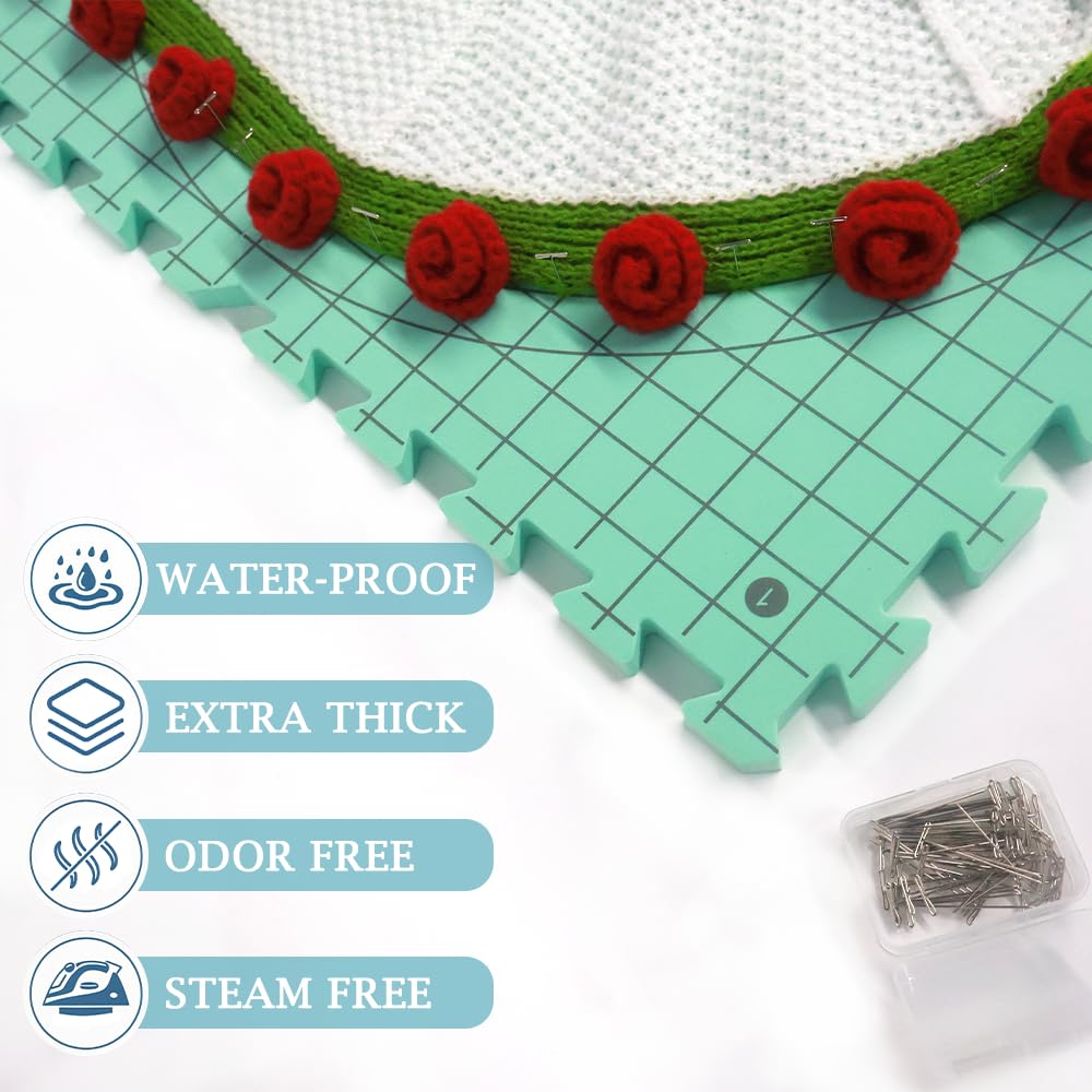 Yarniss Blocking Mats for Knitting & Crochet Project, Extra Thick Knitting Blocking Mat with Grid Lines，Knitting Mats with T-Pins,Blue