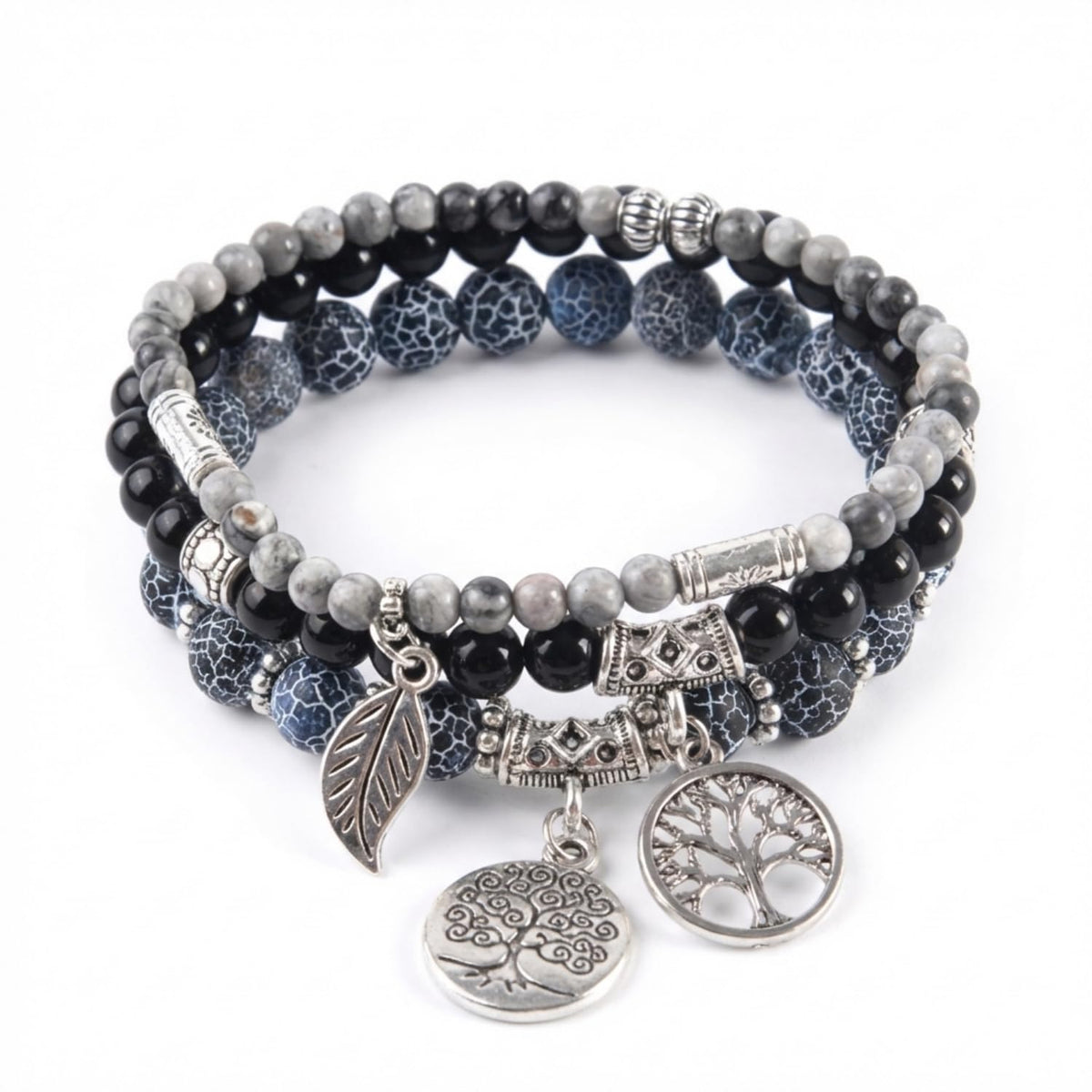 YGLINE Tree of Life Yoga Healing Stone Bracelets,Multilayer Lotus Chakra Stone Reiki Bracelet Sets,Anxiety Crystal Natural Stone,for Women Stress Relief (black wind fossilpicture jasper)