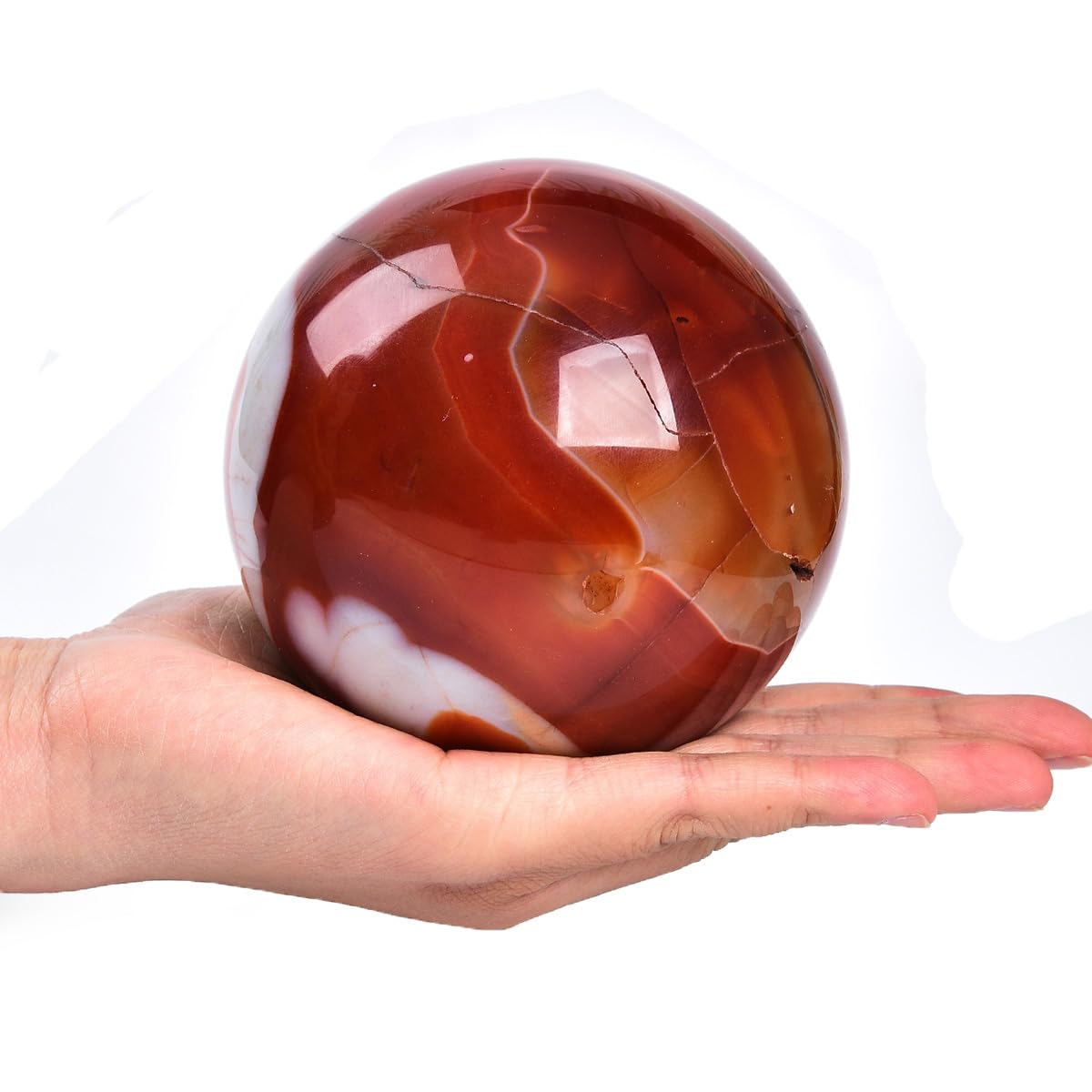 JIC Gem Large Red Agate Crystal Ball 4 inch(100mm) Round Healing Crystals Decorative Sphere with Wooden Stand Meditation Witchcraft Home Decor
