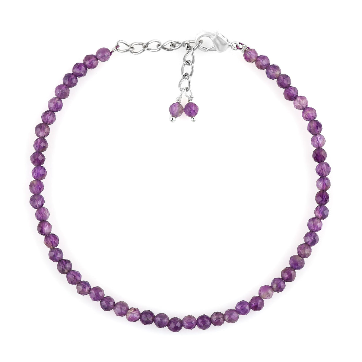 GEMKORA Natural Real Amethyst Crystals Bracelet, 3mm Best Grade Micro Cut Beads, Chakra Healing Gemstone, Beautiful Simple Jewelry, Silver Plated Jewelry 7+1 inch