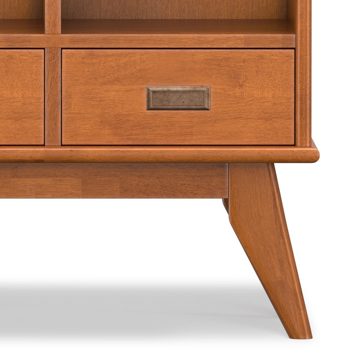 SIMPLIHOME Draper Bookcase - 58 inch Tall 9-Cube Solid Hardwood Cube Organizer with Drawers in Teak Brown, Mid-Century Storage for Living Room, Entryway or Bedroom with Cubbies and Angled Legs