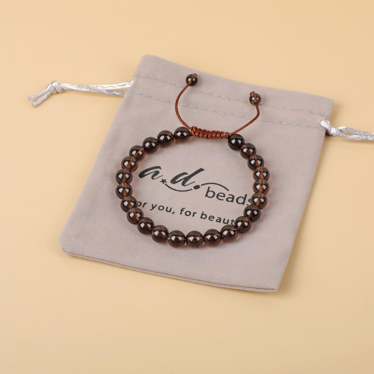 AD Beads Natural 8mm Gemstone Bracelets Healing Power Crystal Macrame Adjustable 7-9 Inch (Smoky Quartz)