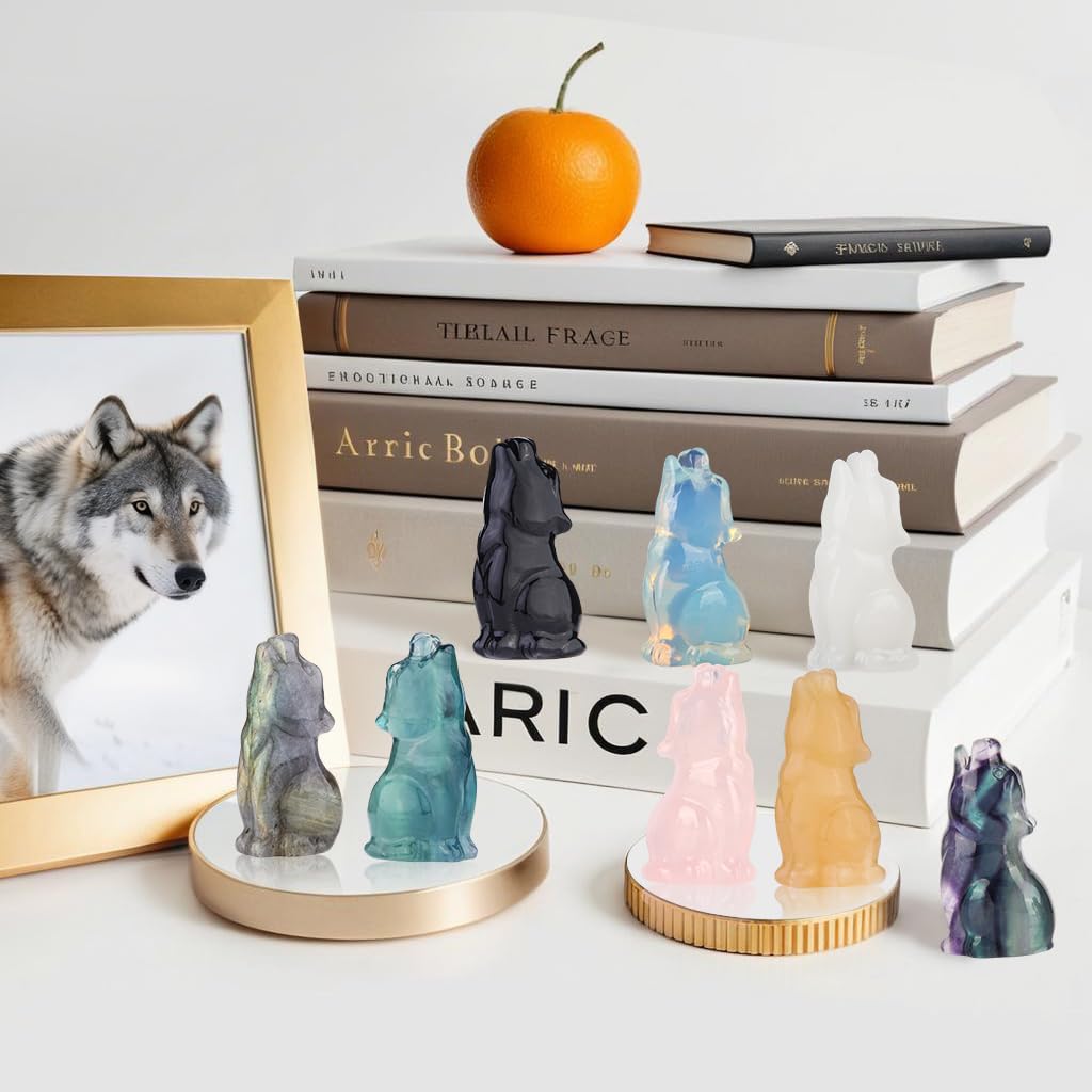 QLRSUXN Obsidian Howling Wolf Crystal Figurines, 2.2 Inch Black Wolf Totem Spirit Animal Statue Decor for Home Office Desk Altar, Hand Carved Natural Healing Crystal Sculpture Gifts for Women Men