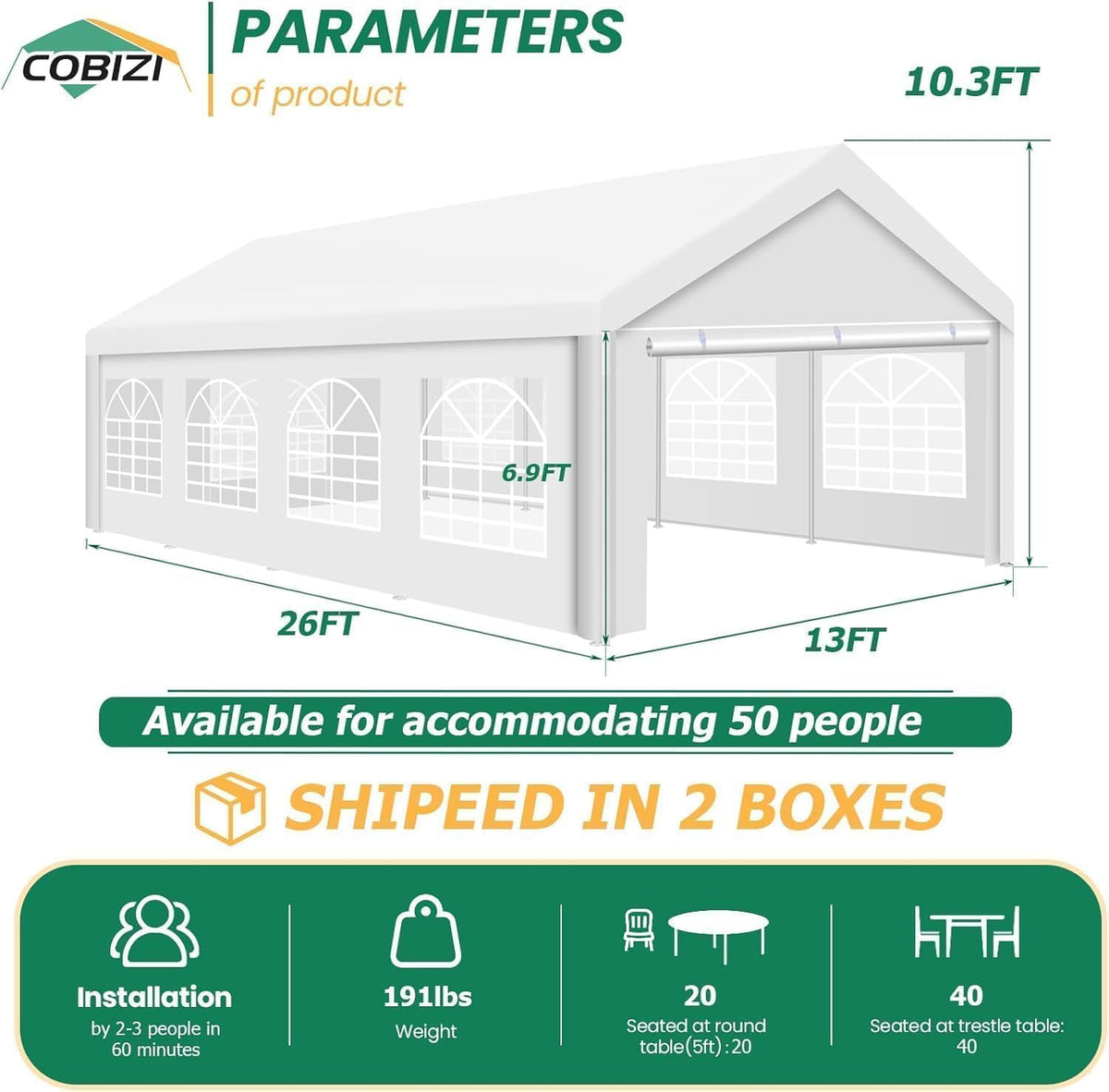 COBIZI 13x26 Outdoor Party Tent Heavy Duty Waterproof Canopy Shelter with 8 Sidewalls & 10 Church Windows, White Powder Coating, Built-in Sandbag Commercial Event Tents for Parties BBQ Patio Wedding