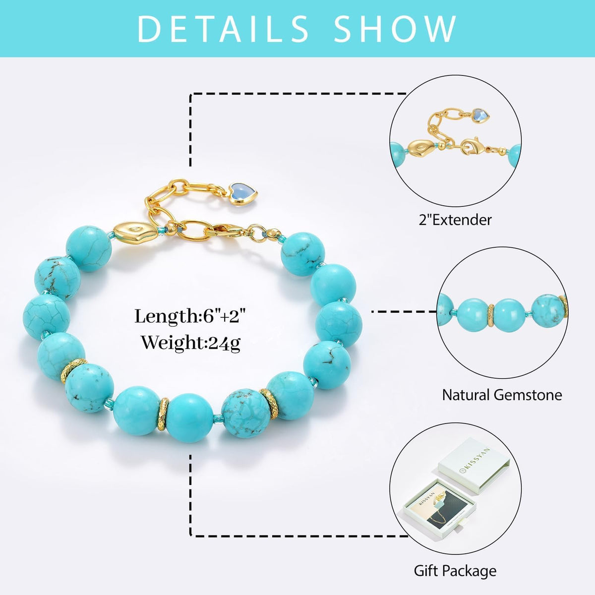 KissYan Beaded Bracelets for Women, Colorful Natural Stone Boho Bead Bracelet for Beach, Handmade Gemstone Summer Jewelry Gifts (Turquoise)