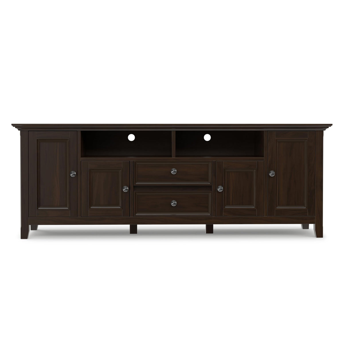 SIMPLIHOME Amherst TV Stand - 72 inch Wide Solid Wood Media Console in Brunette Brown, Transitional Entertainment Center for Living Room for TVs up to 80 Inches with Shelves and Cable Management