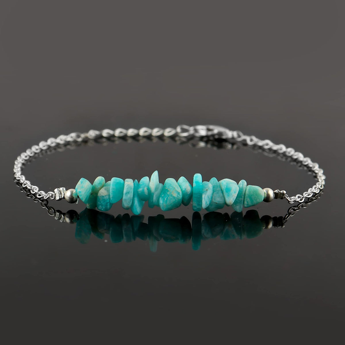 Gemimpression Handmade Amazonite Chips Bar Bracelet – Natural Energy Healing Crystals – Silver Plated Adjustable 8 Inch Chain – Christmas Gift