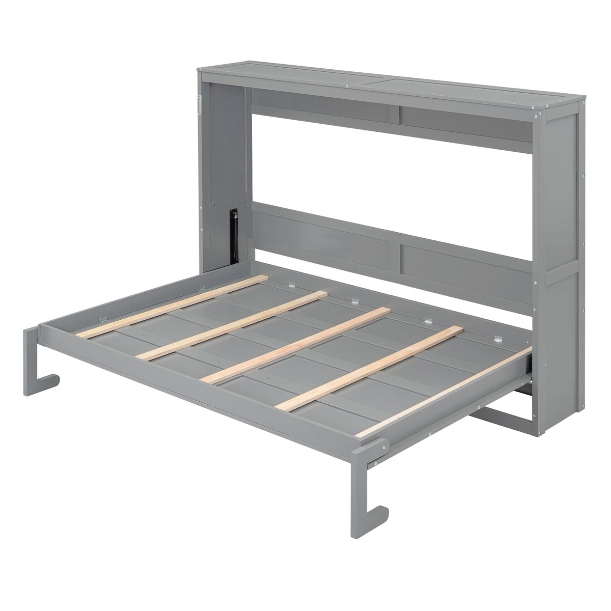 Merax Modern Farmhouse Solid Wood Murphy Cabinet Bed, Queen Foldable Wall Bed Frame, No Box Spring Needed/Space Saving, Gray