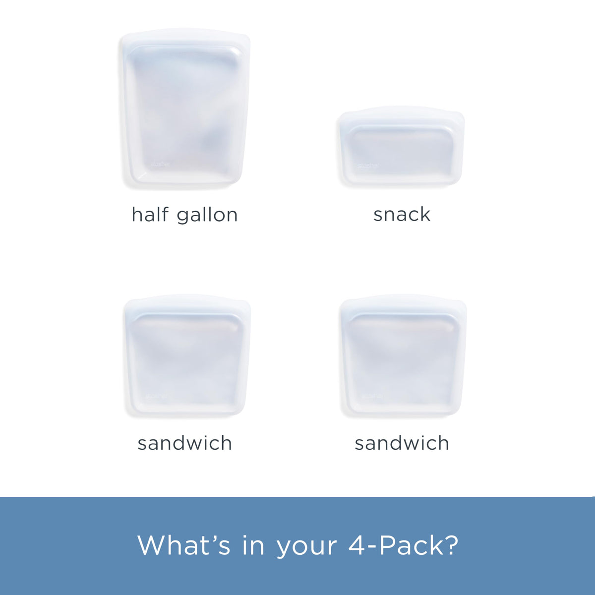 Stasher Silicone Reusable Food Storage Bags, 4-Pack, Reusable Freezer Bags, Microwave, Dishwasher, Oven Safe, Sous Vide, Premium Lunch Containers, Eco Friendly, Snack Bags, Food-safe Silicone, Clear