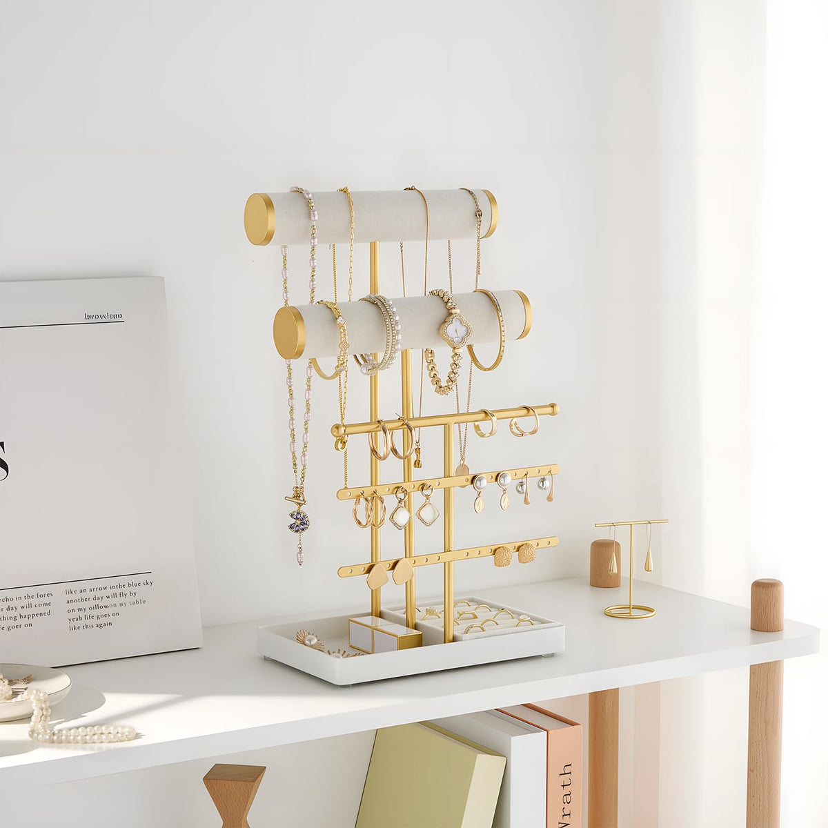 Lolalet Bracelet Display Stand Necklaces Holder, 5 Tiers Jewelry Organizer and Storage Rack with Velvet Slot and Metal Base, for Women Bangles Watches Ring Earrings -White