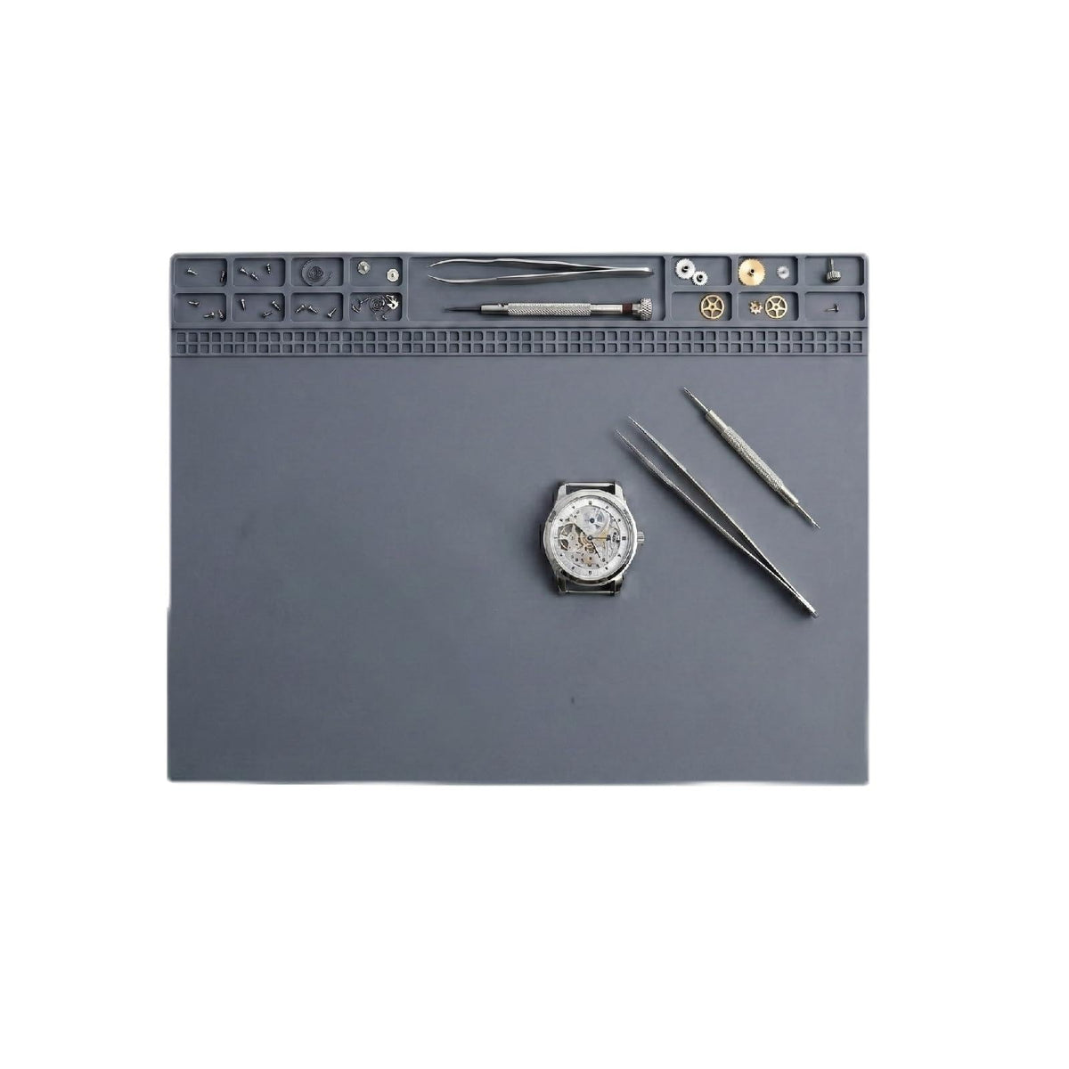 Yulatik Non-Slip Watch Repair Mat with Parts Organizer - Anti-Static Rubber Work Pad for Jewelers & Watchmakers - Gray Maintenance Platform Table Mat with Screw Compartments (13.8" x 9.8")