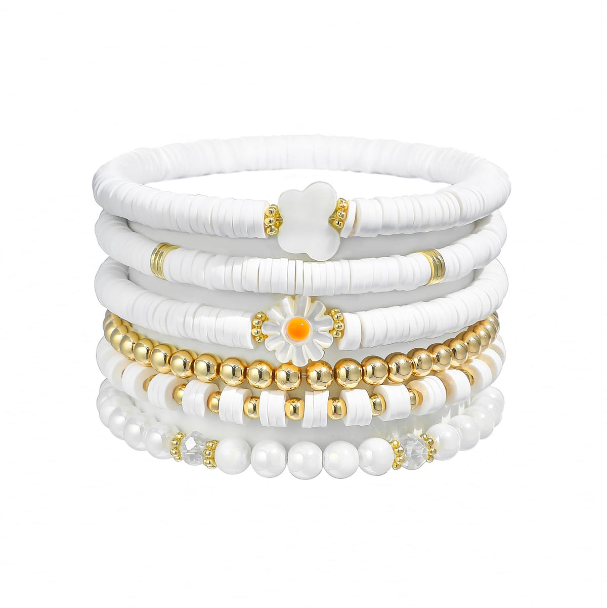 GOOJIDS White Surfer Heishi Clay Bead Bracelets for Women Bohemian Stackable Gold Beaded Stretch Bracelets Elastic Layering Friendship Bracelets Set Boho Jewelry