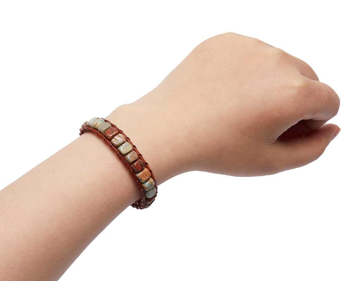 ZOSOJONA 7 Chakra Bracelet Bohemian Handmade Leather Wrap Healing Protection Natural Stone Yoga Beaded Bracelets Boho Friendship Jewelry (Gray Turquoise)