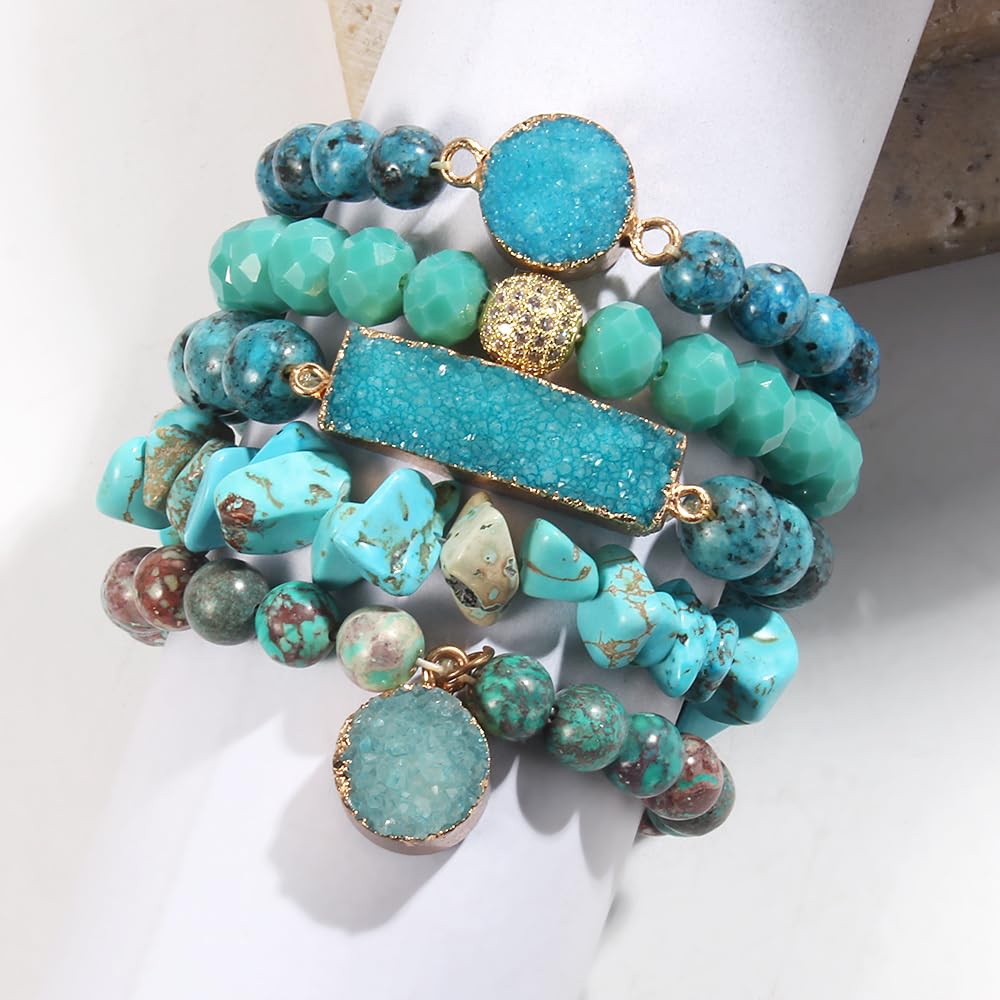 Yomisa 5PCS Natural Boho Beaded Bracelets for Women Men,Healing Turquoise Jasper Agate Crystal Gemstone Stone Diamond Chakra Multilayer Wrap Bohemian Handmade Jewelry Beads Stretch Bracelet Set