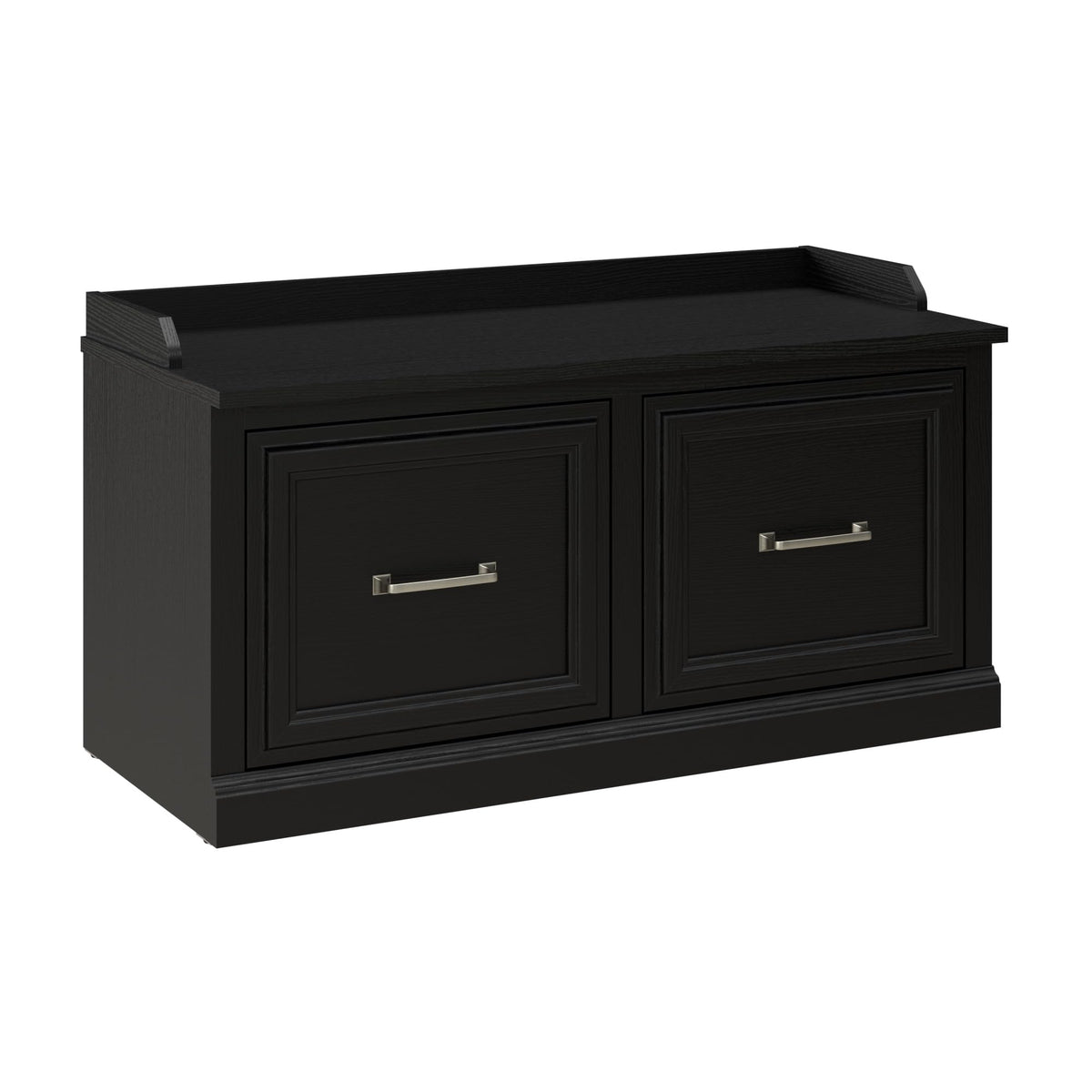 Bush Furniture Woodland 40W Shoe Storage Bench with Doors in Black Suede Oak | Footwear Organizer for Home Entryway, Mudroom, and Foyer