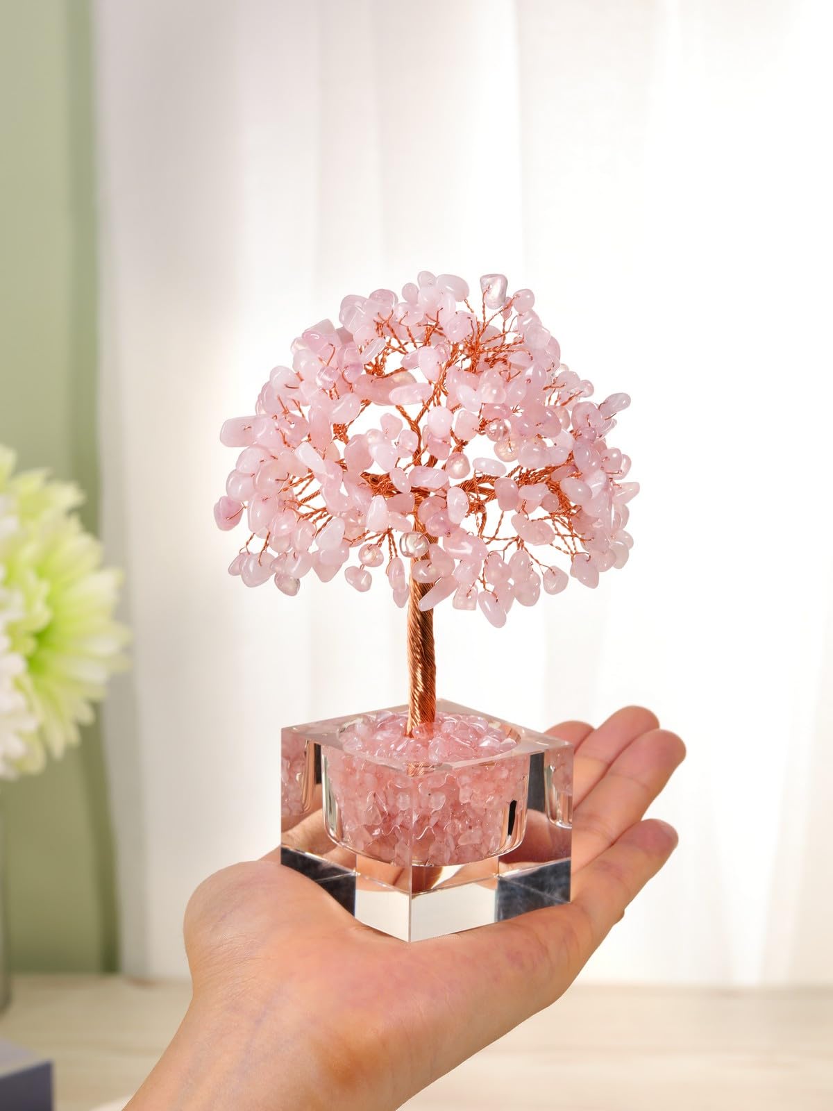 Jovivi Large Crystal Tree with Square Glass Base, Rose Quartz Healing Crystals Tree Life Natural Chipped Gemstone Money Trees Feng Shui Good Luck Positive Energy Pink Home Desk Decor