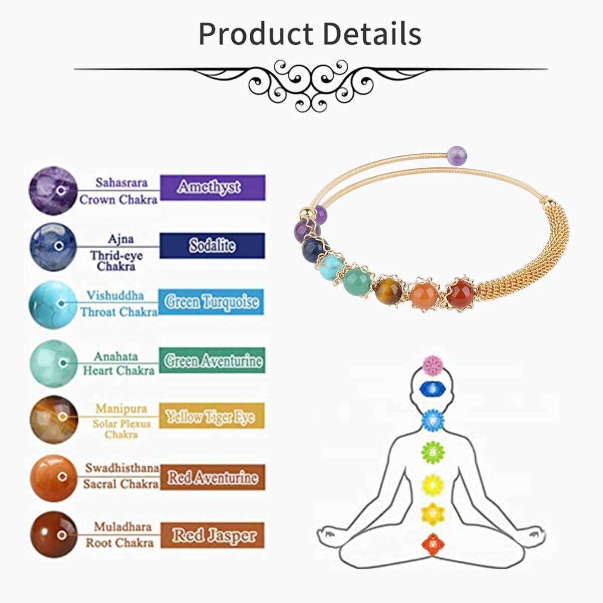 ASGIFT 7 Chakra Bracelet Adjustable 14K Gold Wire Wrapped 6.5mm Beads Bracelet Natural Crystal Yoga Meditation Bracelet Jewelrys for Women