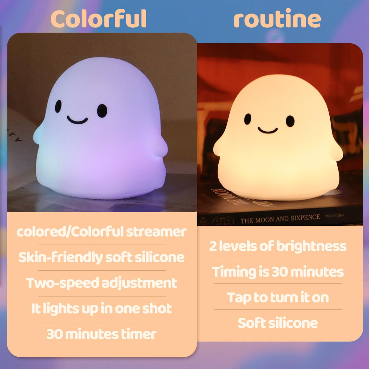 Rytinazzz Halloween Ghost Night Light, 50-Hour Battery & Pat Control, Cute Squishy Lamp for Kids Room Decor, USB Rechargeable with Timer, Cute Home Decor