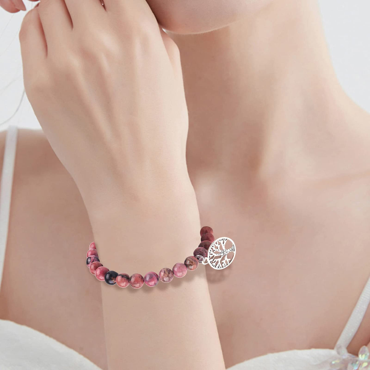 Mother's Day Gifts Tree of Life Charm Bracelet for Mom 8mm Natural Healing Crystals Beads Stretch Bracelet Mom Birthday Gifts