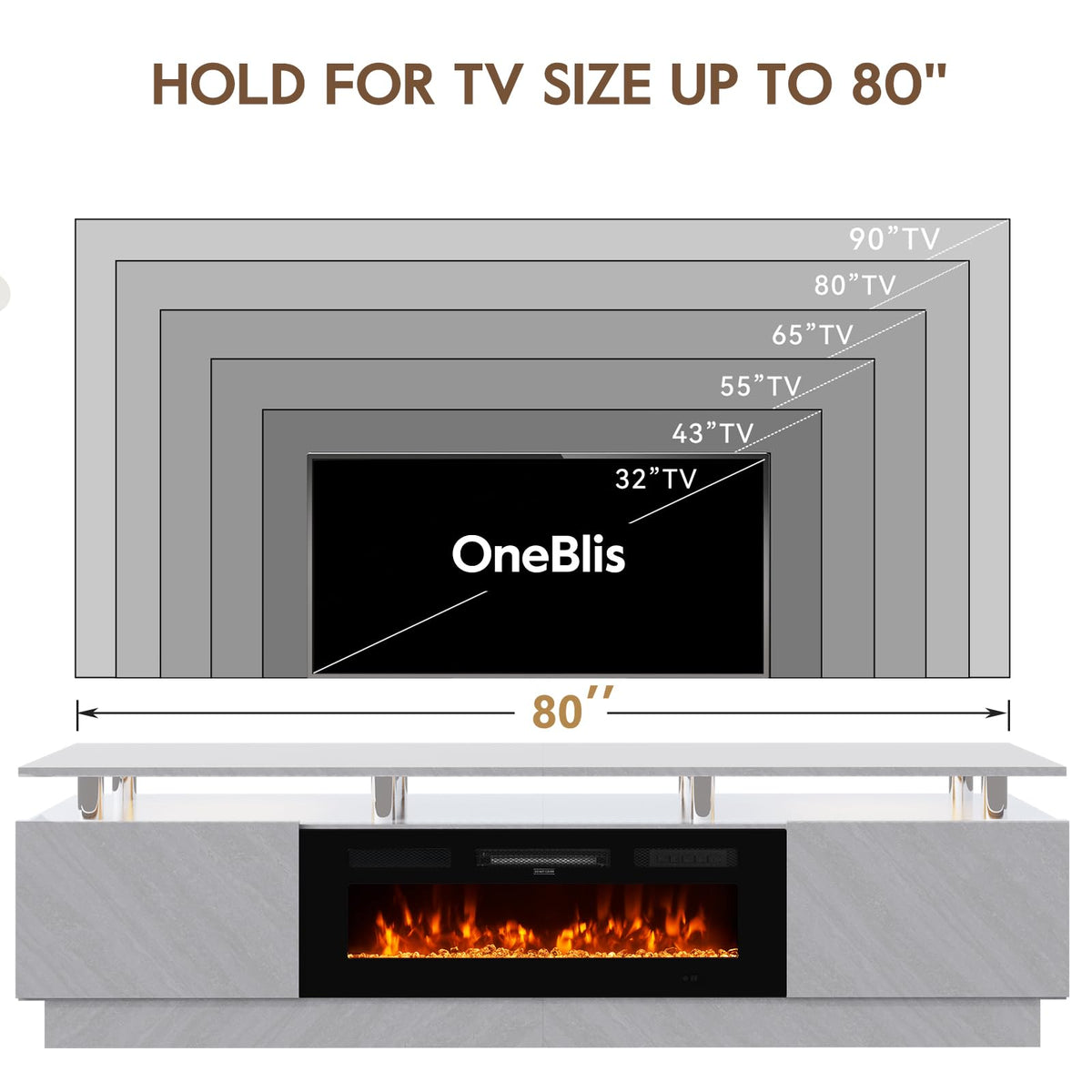 OneBlis 80" TV Stand & Entertainment Center, Media Console with Storage Cabinet, Fits TVs up to 90", Modern Living Room Furniture, 36" Electric Fireplace (Grey+Black)