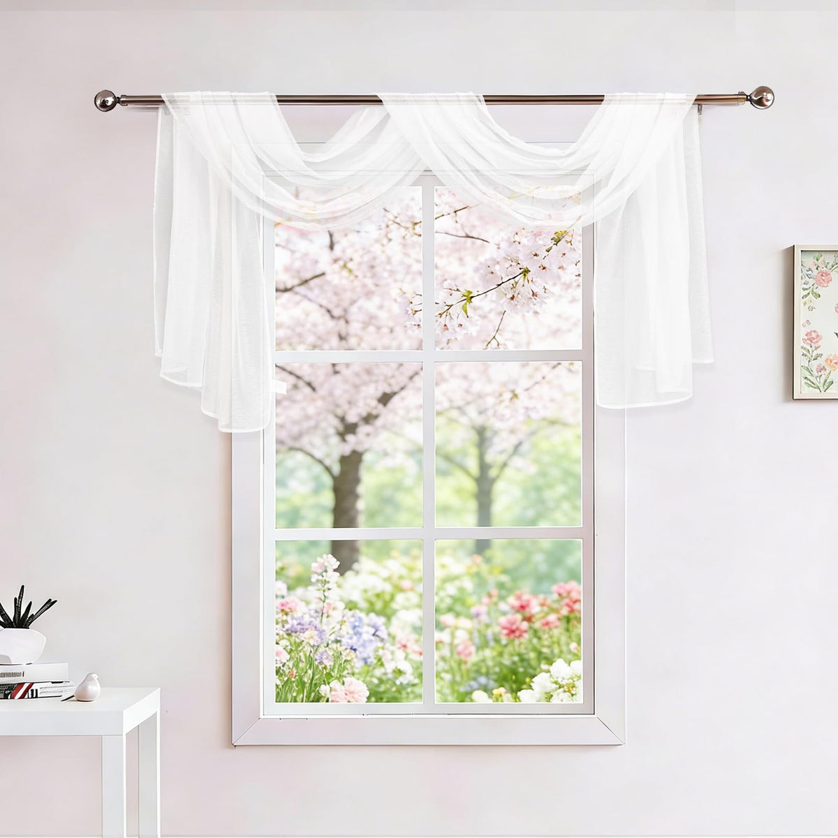 Showgeous 2 Panels White Window Scarf Valance Sheer Canopy Bed Curtains 52" X 144" Extra Long Topper Window Treatment Elegant Curtain Scarves Soft Voile Swag Curtain Drapes for Wedding Arch Home Decor