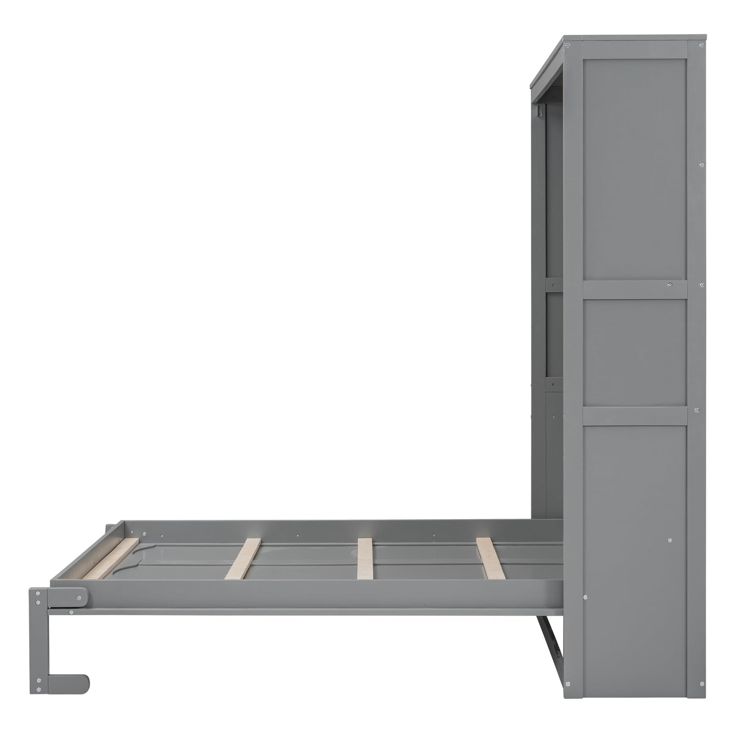 Merax Full Size Wood Modern Murphy Bed, Wall Bed with Shelves, Foldable Platform Bed Folded into Cabinet, Space-Saving Design Bed for Guest Room, Home and Office, Grey